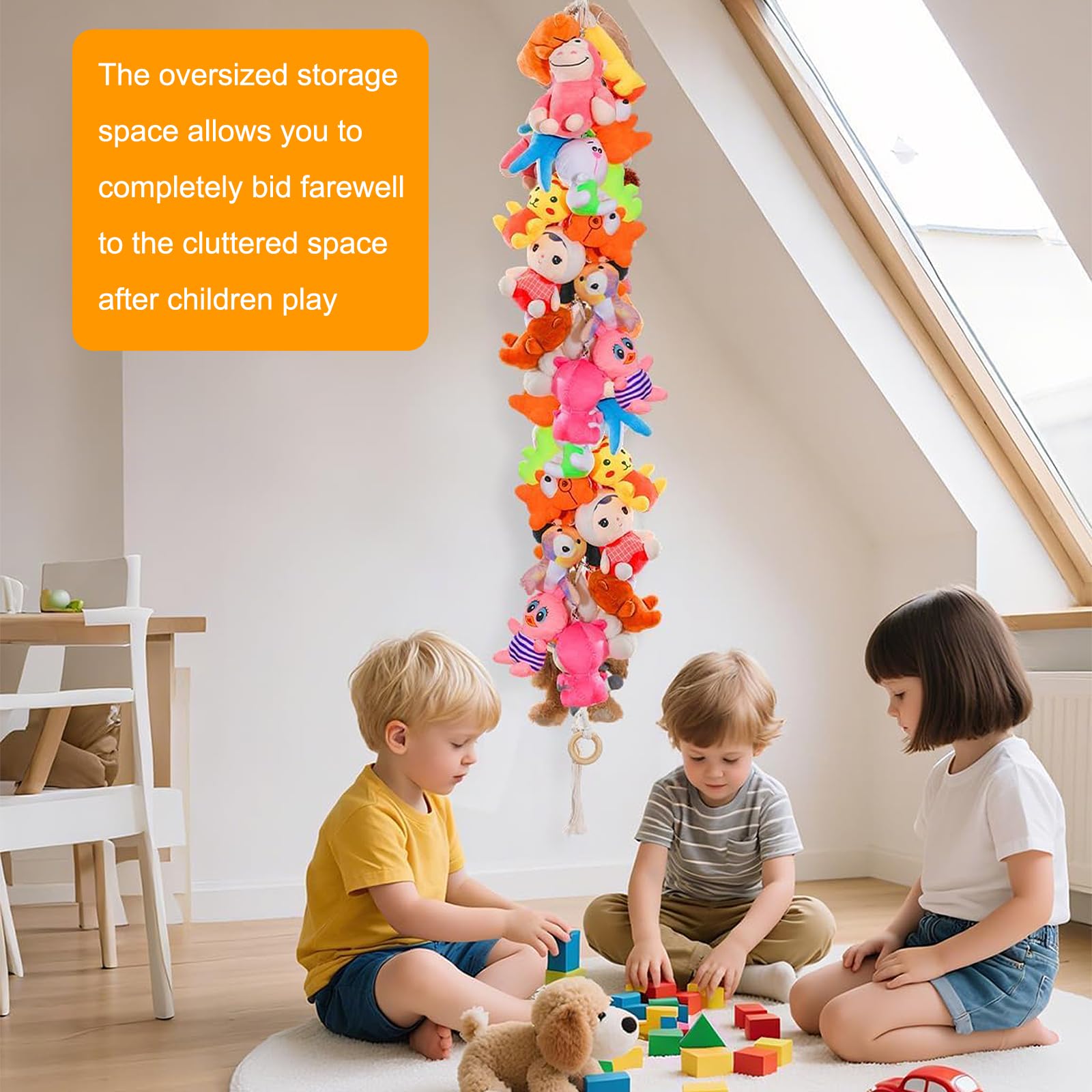 MYLERCT Range Doudou Hamac Peluche 2m Avec 40 Clips Et Anneaux Bois - Rangement Jouets Suspendu