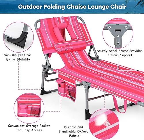 Miniatura 6 de COSTWAY Silla de playa plegable, silla de bronceado con orificio para la cara, respaldo ajustable de 5 posiciones, almohada y bolsillo lateral,