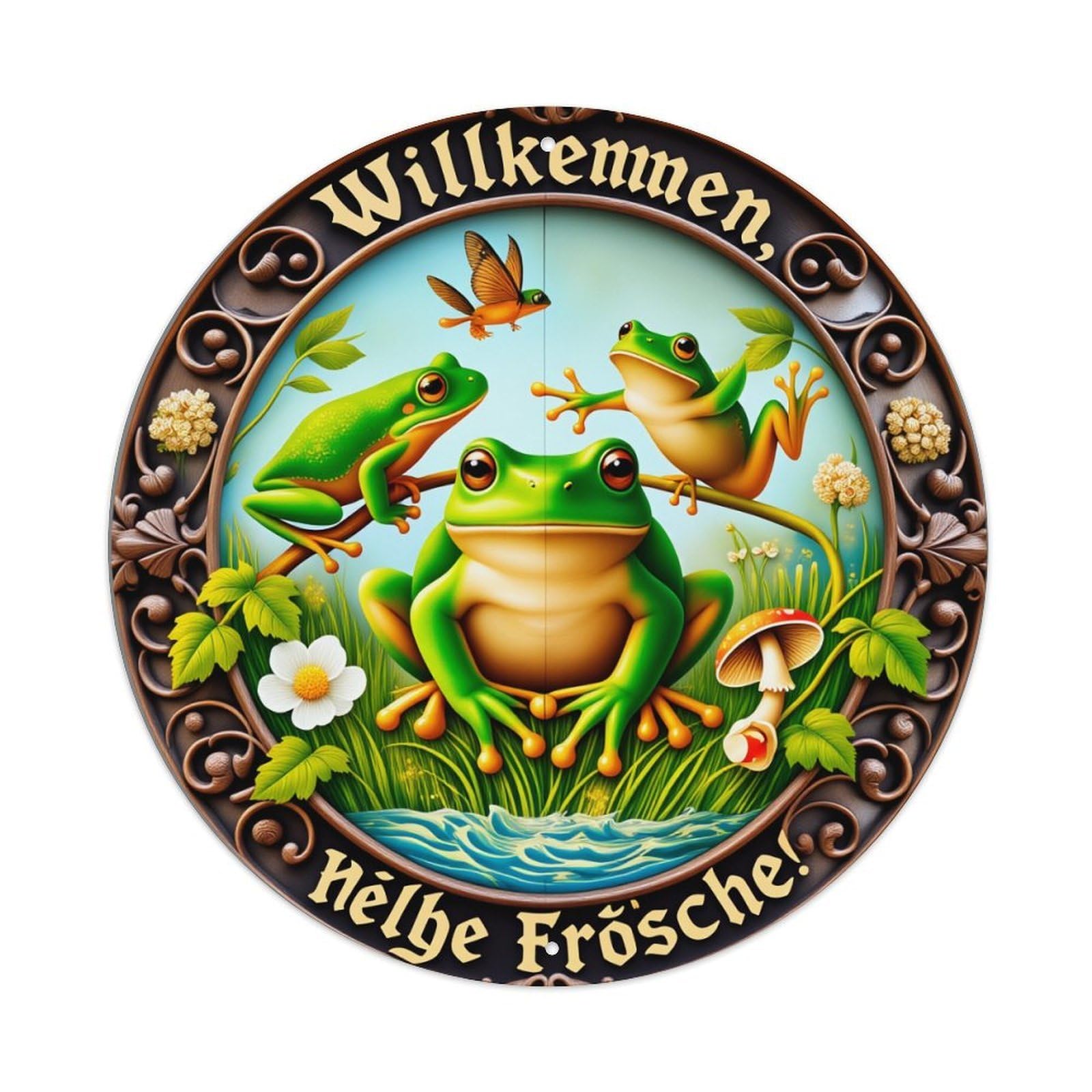 Frogs Nature Welcome Garden Art Round Tin Sign Vintage Metal Sign Home Bar Garden Indoor & Outdoor Wall Decor Retro Metal Poster 8x8 Inch