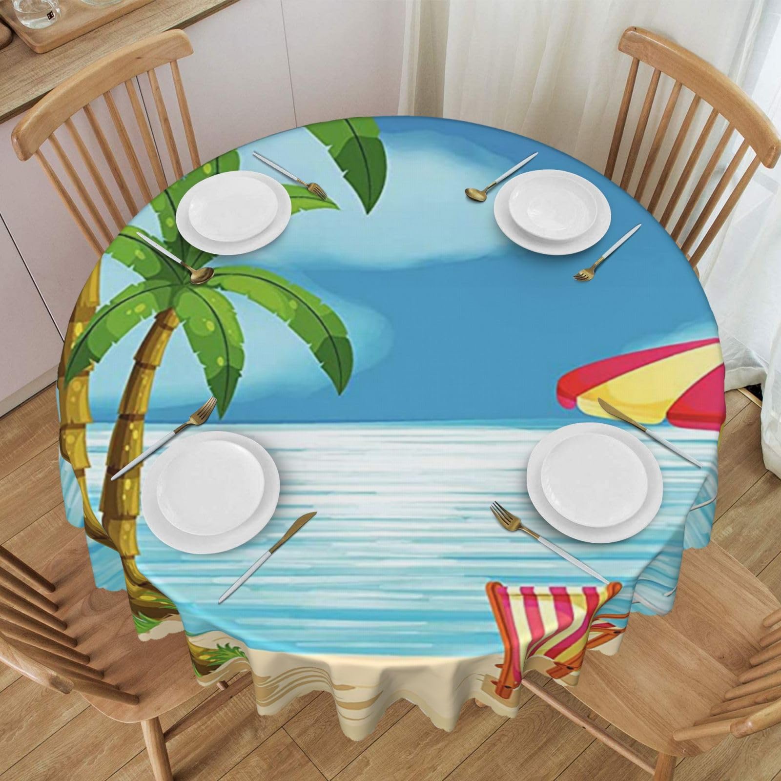 DCEHGEW 60 In Round Tablecloth with Lace, Tropical Palm Tree Printed Oilproof & Washable Fabric Picnic Table Cloth Table Covers
