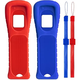 XiQiDianr 2 Packs Silicone Skin Case Cover with Wrist Strap Compatible with Nintendo Wii Remote Controller Red+Blue