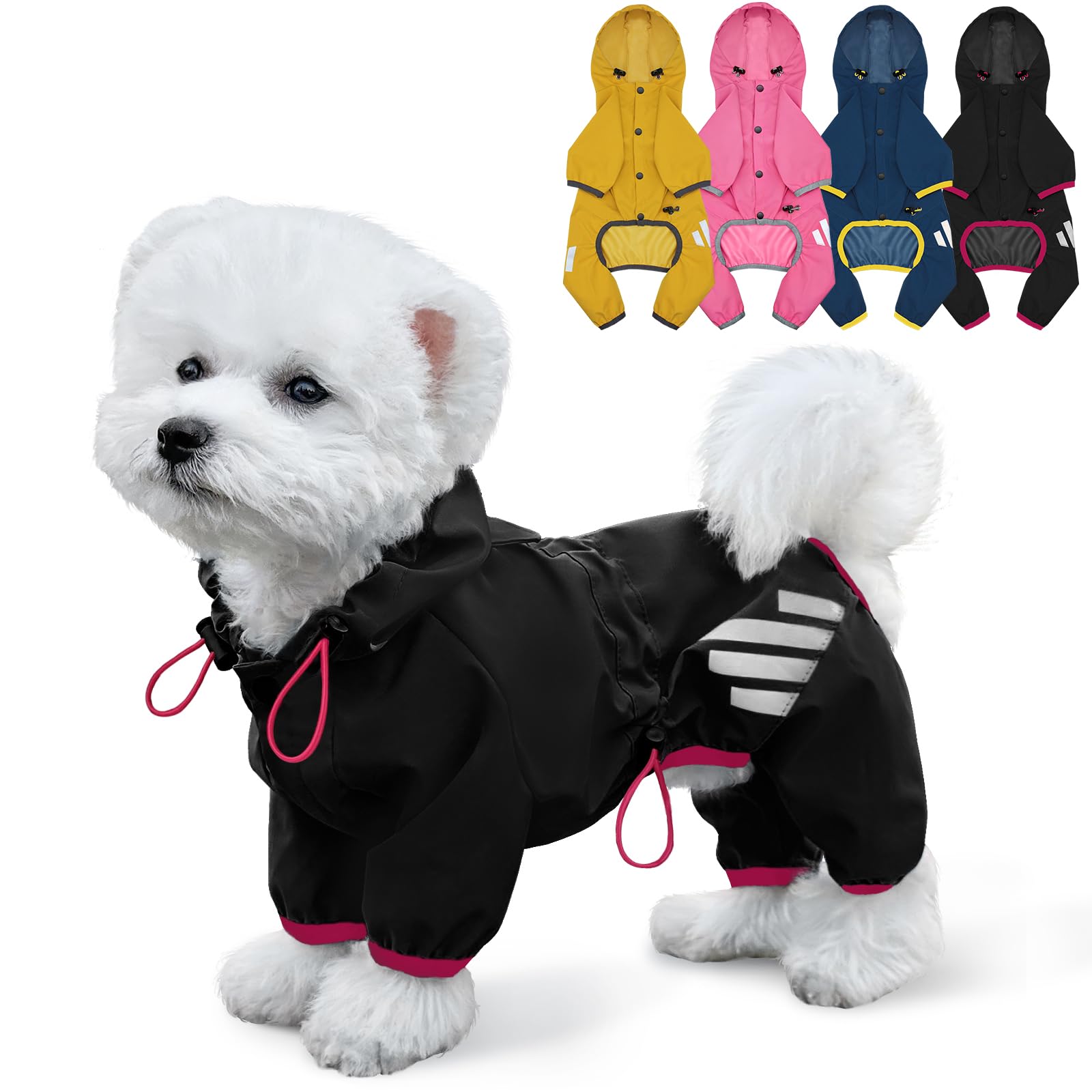 Photo 1 of Dog Raincoat, Waterproof Dog Rain Jacket with Hood, Dog Rain Coat with Leash Hole, Reflective Strap for Small Medium Dogs, Lightweight Puppy Clothes(Black,M)