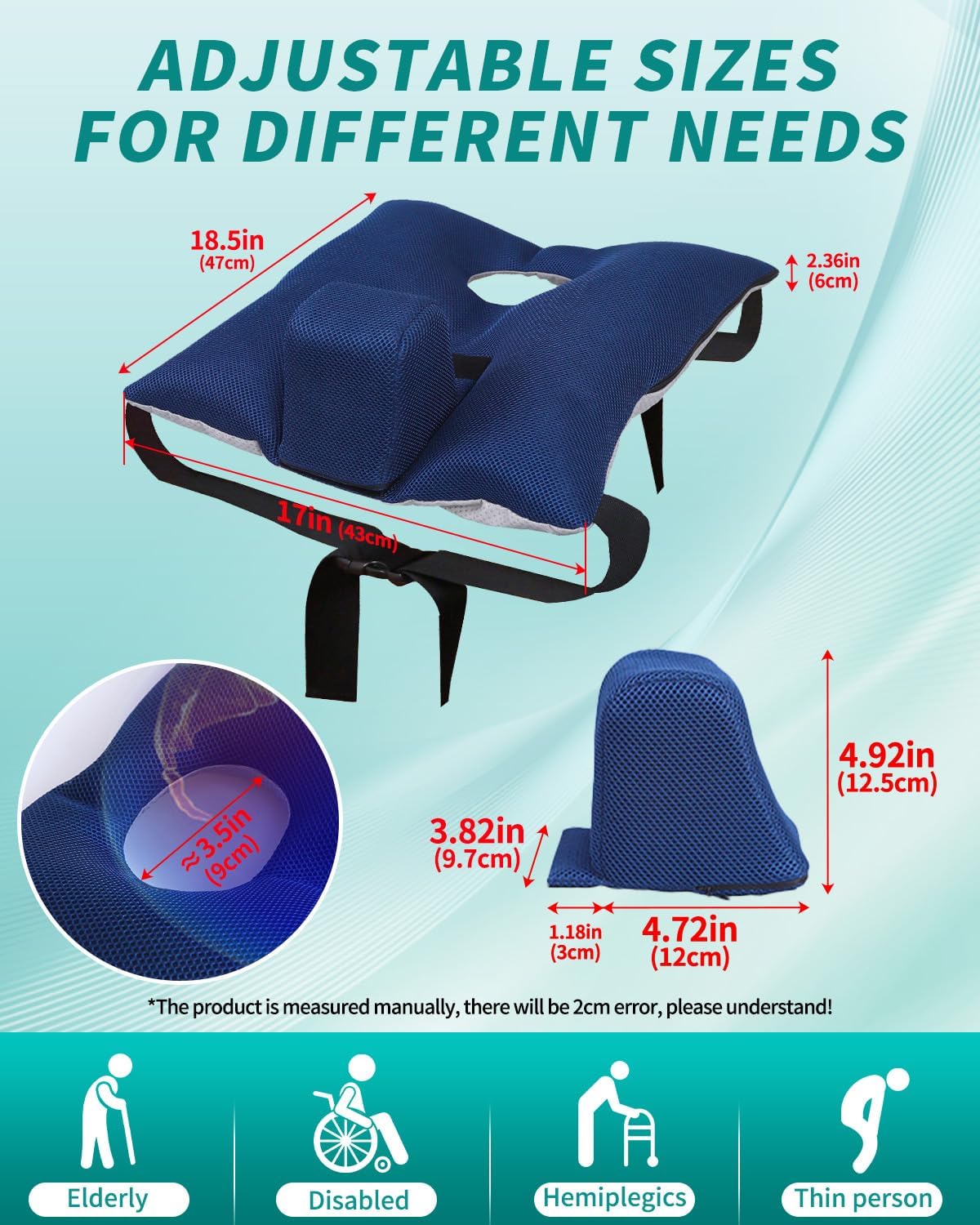 anti-slip wheelchair cushion with pommel wedge and seat belt for enhanced comfort and stability- designed for pressure relief, removable breathable cover, ideal for wheelchair users (18.5 x 16.9 inch)