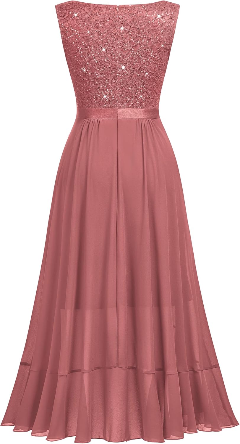 Miusol Women's Vintage V-Neck Sleeveless Sequined Floral Lace Ruffle Split Evening Party Dress - Image 5