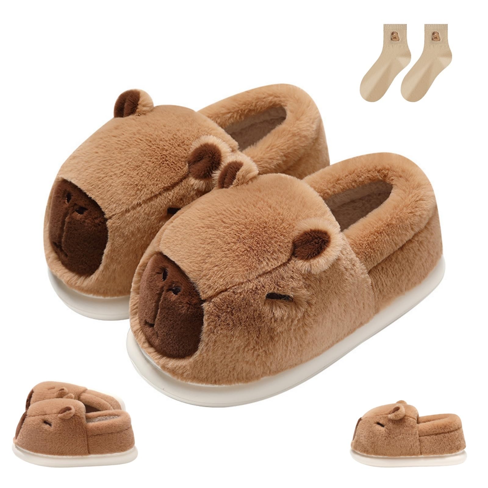 Fjzfxkzl Women's Brown Capybara Slippers, Cute Cartoon Fuzzy House Shoes For Cozy Soft Plush Sole Warm Non-Slip Winter Enclosed Slides(42-43)