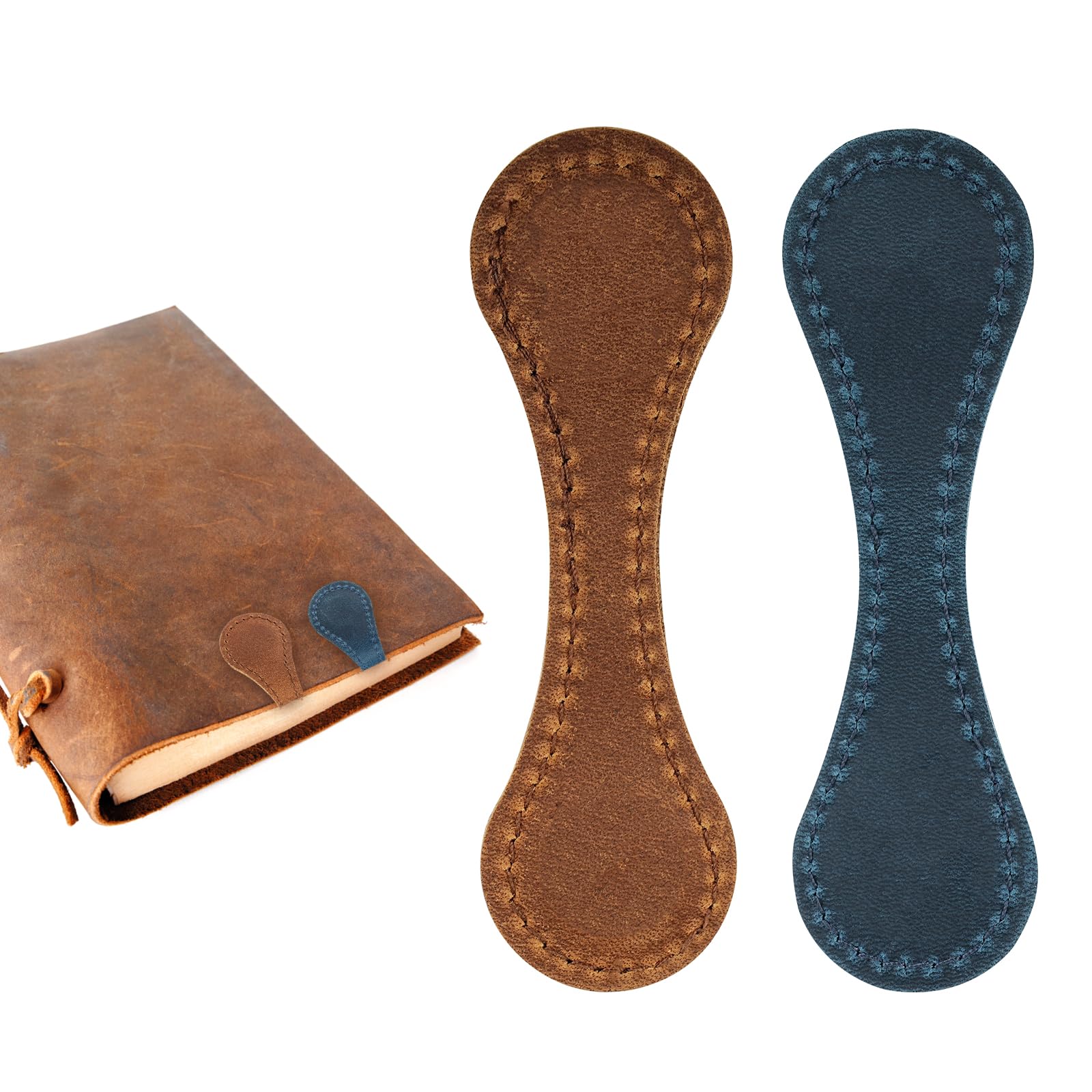 2pcs Leather Magnetic Bookmark, Vintage Magnetic Book Markers Leather Magnet Bookmark, Leather Bookmarks for Men and Women, Fashion Book Mark Reading Gifts for Book Lovers （Blue+Light Brown）