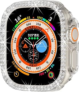 حافظة حماية من البولي كربونات مضادة للصدمات ومرصعة بصف مزدوج الالماس الكريستالي اللامع وحجر الراين متوافقة مع ساعة ابل الترا 49 ملم الذكية للنساء والبنات (شفاف)