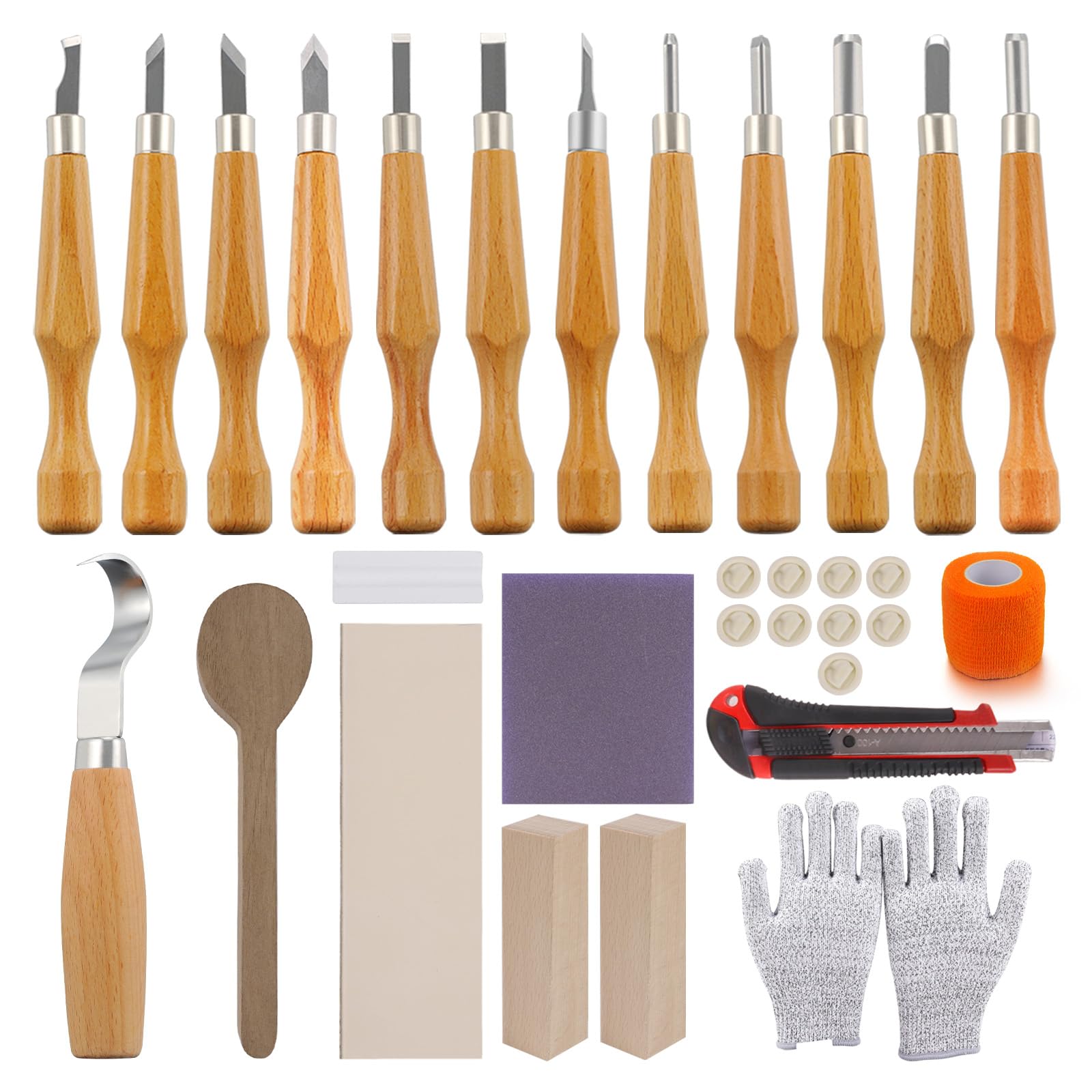 MAXMAN Wood Whittling Kit, 33 PCS Beginner - Friendly Wood Carving Set with Basswood Blocks for DIY Making Spoon, Cup, Bowl