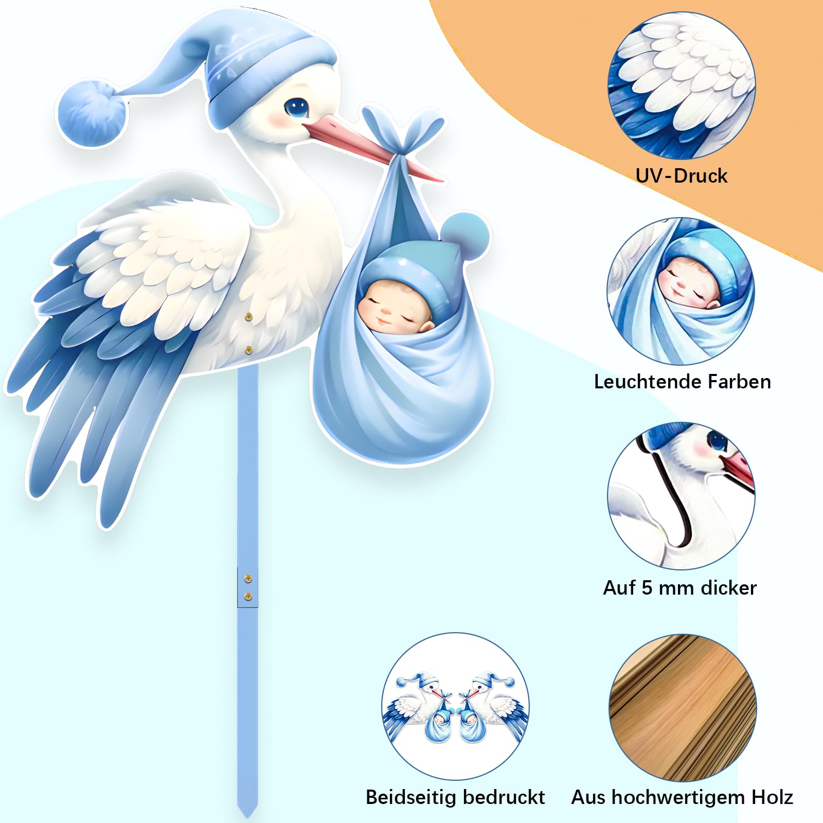 Bocian narodziny na zewnątrz, powitanie w domu, bocian, powitanie dziecka, dekoracja powitalna dla niemowląt, dekoracja do użytku na zewnątrz i wewnątrz (niebieski)