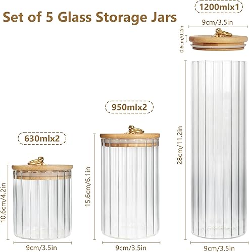 Miniatura 4 de Topsky Juego de 5 tarros de almacenamiento de vidrio, tarros transparentes para almacenamiento de alimentos con tapa de bambú hermética y anillo de