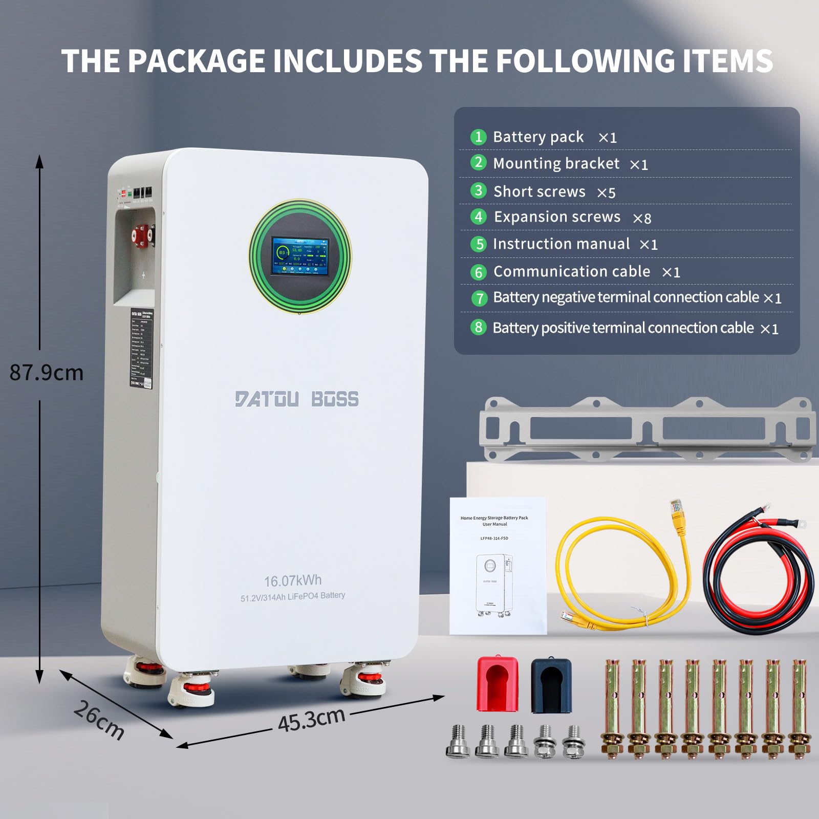 DATOUBOSS Batterie Lithium 48V 314Ah LiFePO4,200A BMS,8000+Cycles Profonds,Max 16,07KWh,Prend en Charge la Connexion parallèle,Une Grande capacité de Batterie et Une Large Gamme d'applications