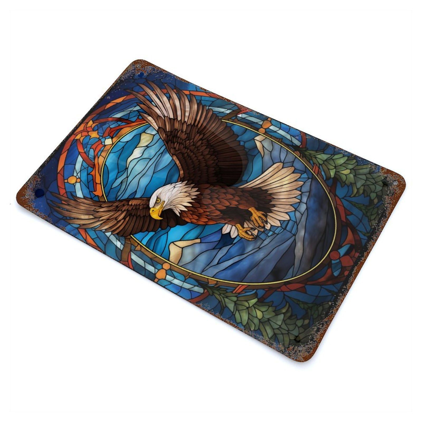 Stained Glass Bald Eagle Rustic Tin Plaque 11.8"x7.9", Farmhouse Wall Decor for Shed, Workshop And Garage Wall Decor