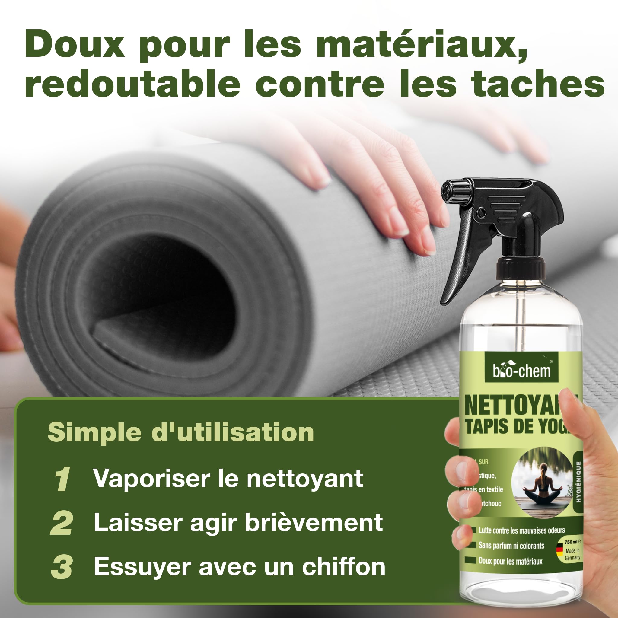 Bio-Chem - Produit nettoyant pour tapis de sport - Nettoyant tapis yoga fitness sport maison anti odeurs - Yoga accessoires de nettoyage tapis sport fitness
