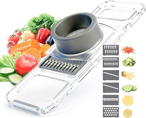 Cortador de mandolina para cocina – Picador de verduras 6 en 1 con protector seguro para manos y cuerpo transparente – Cortador de alimentos apto