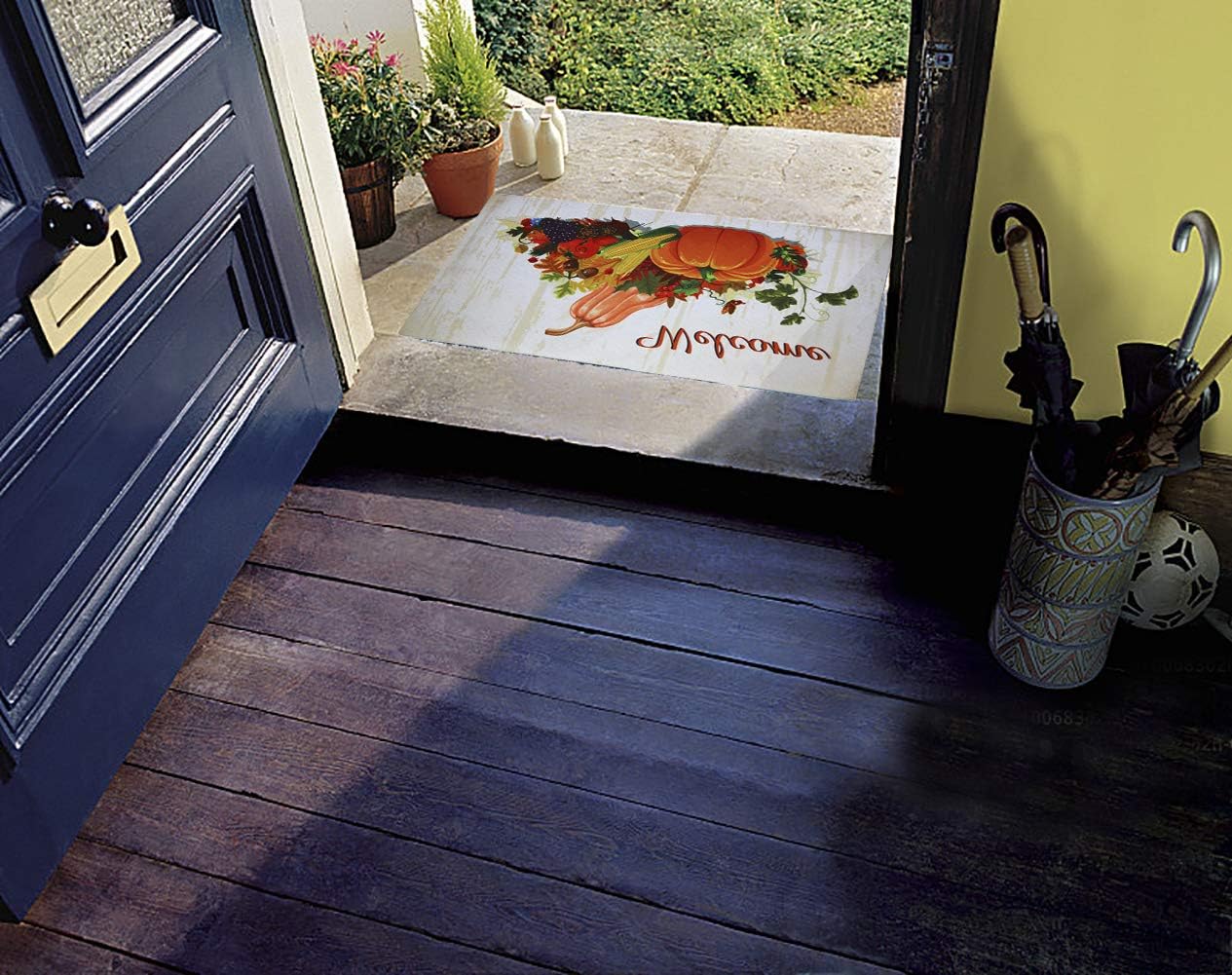 Pumpkin Autumn Doormat with Acorn Fruits Corns Maple Leaves Welcome Doormat Fall Welcome Pumpkin Mat Low Profile Door Mat Garage Rug Non Slip Doormat Rubber Backing Door Mat Entrance Rug