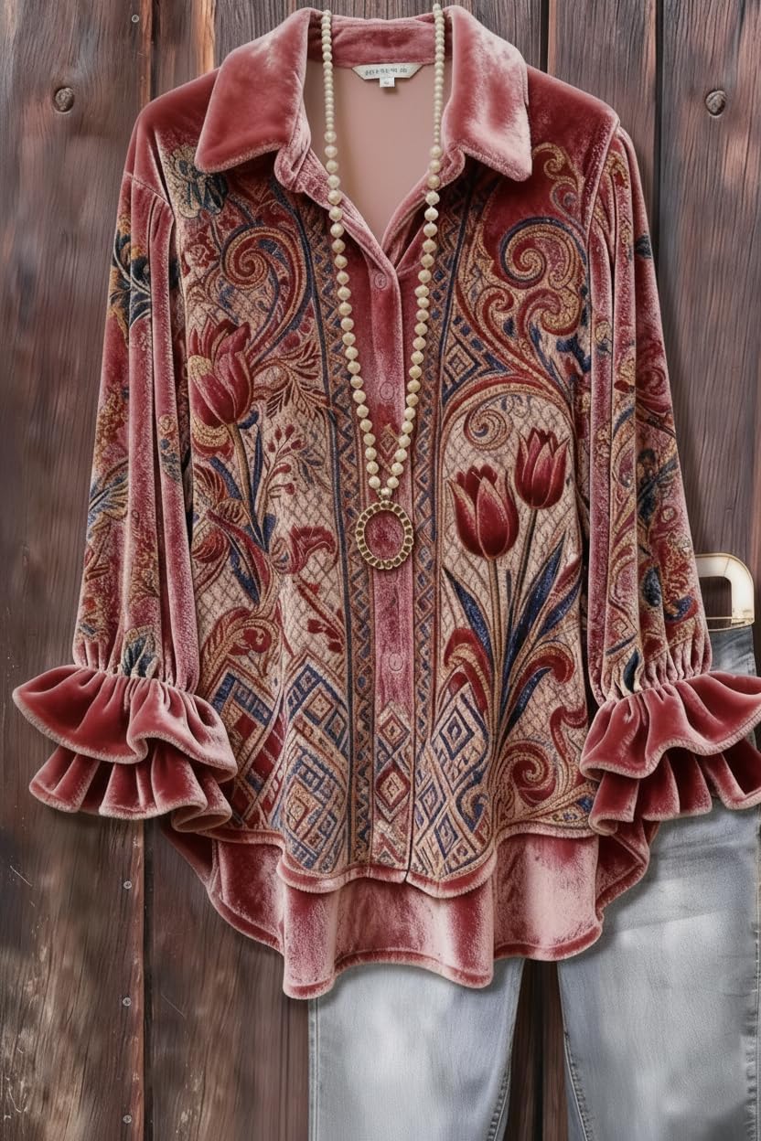 Women's Velvet Button Down Shirts Loose Long Sleeve Blouses Flared Sleeves Vintage Prints Casual Tops for Fall Spring