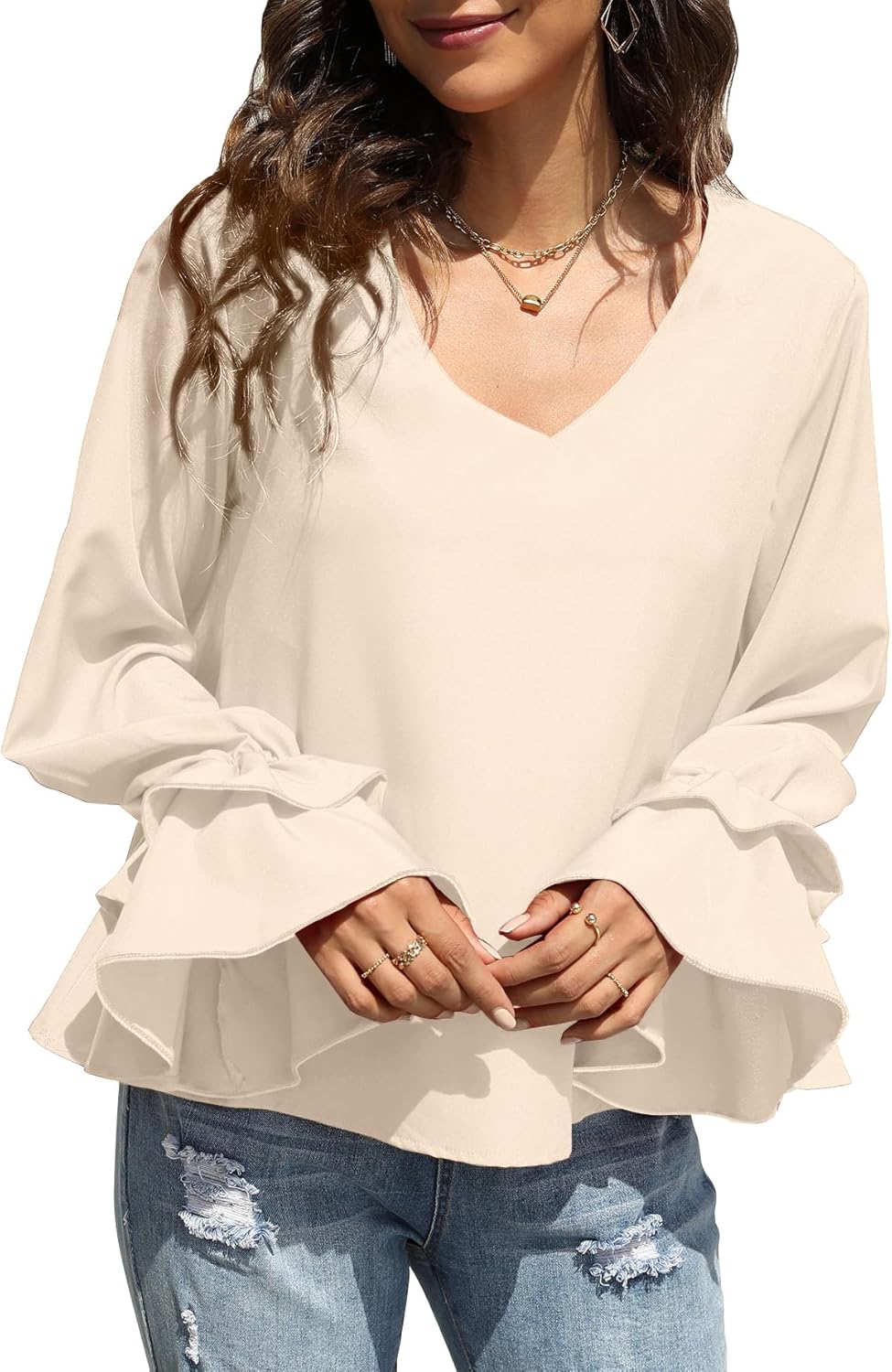 LYANER Women's Casual V Neck Tiered Ruffle Bell Long Sleeve Blouse Shirt Tunic Top - Image 4