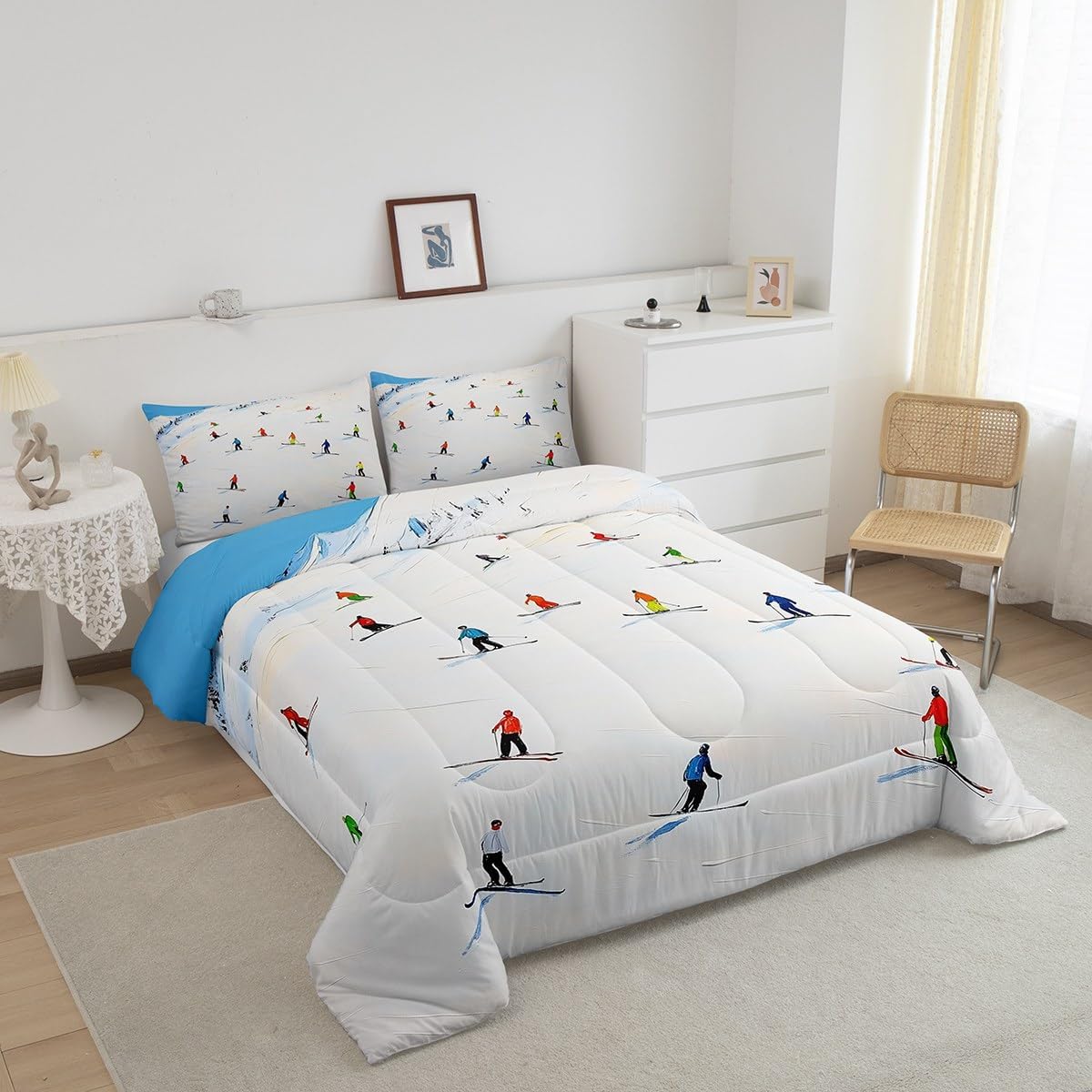 Erosebridal Skiing Artwork Comforter Set Queen Winter Scenery Bedding for Outdoor Sports Lover Abstract Winter Snow Bedding Comforter Sets Vintage Ski Snowboard Room Decor Snow Scene Duvet Insert