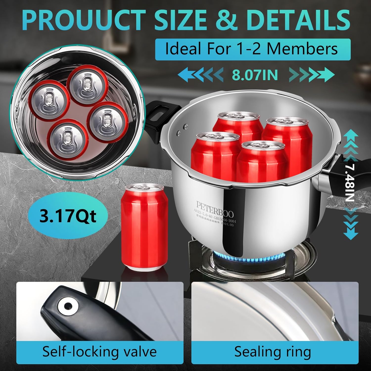 Premium Stainless Steel Small Pressure Cooker 3 quart | 8 Safety Features & Quick Cooking | stovetop pressure cookers;instant pot pressure cooker;olla de presion pressure cooker 3+qt mini