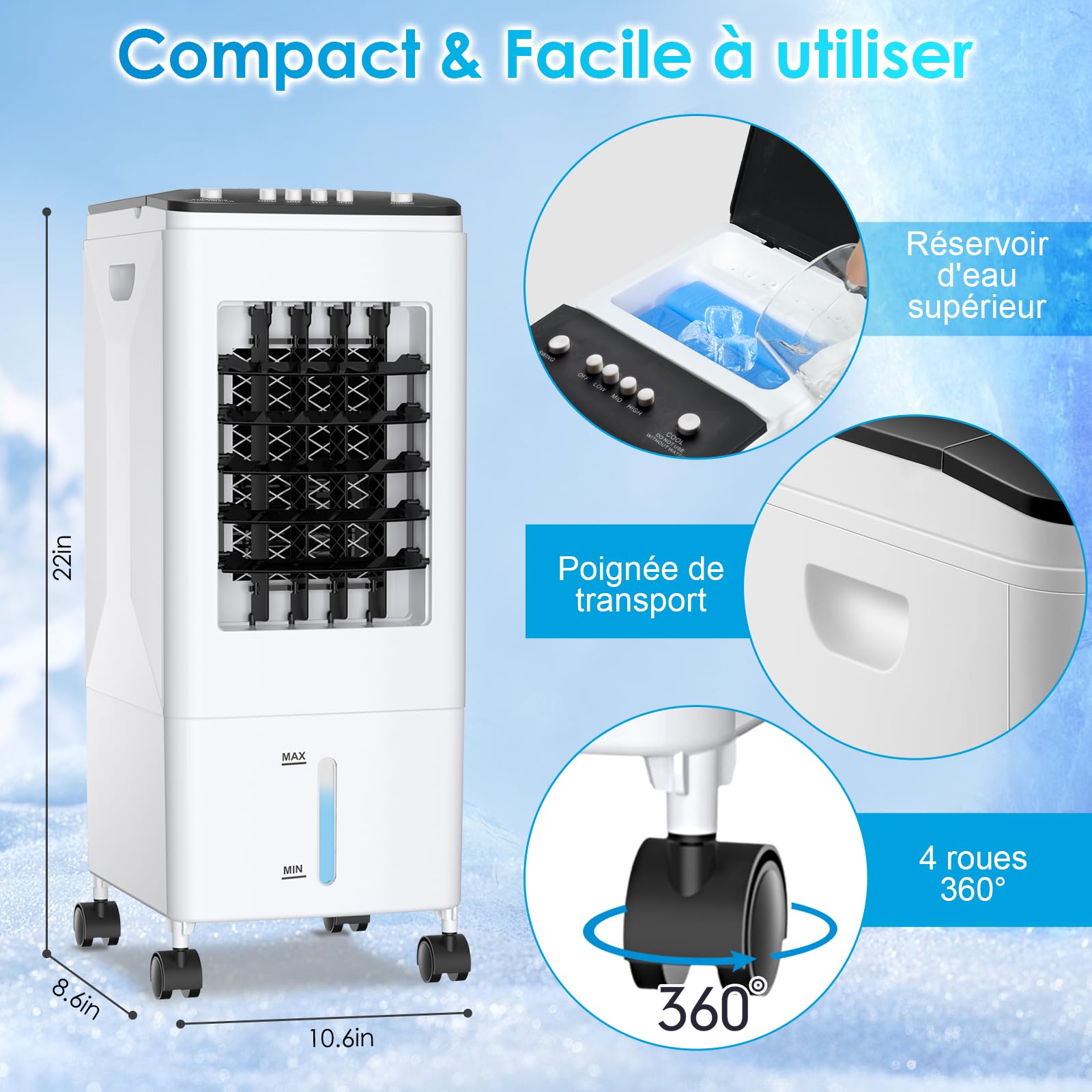 Climatiseur Mobile 3-en-1 Rafraîchisseur d’Air, Réservoir 6L, 3 Blocs Réfrigérants, 60W Économie d’Énergie, 35dB Silencieux, Oscillation 60°, 3 Vitesses, Humidificateur, Ventilateur, Maison, Bureau