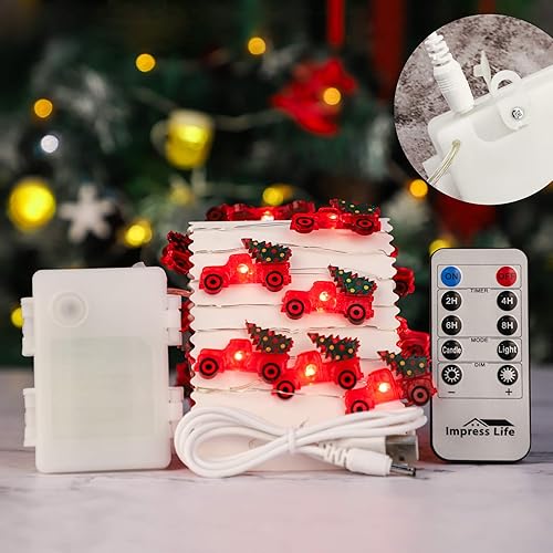 Miniatura 2 de Impress Life Guirnalda de luces para árbol de Navidad, casa de campo, camión, 10 pies, 30 LED, batería USB enchufable con control remoto, luces de