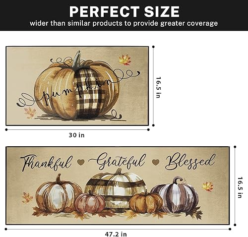 Miniatura 7 de ArtSocket Blessed Grateful Leaves - Juego de 2 alfombras y tapetes de cocina antideslizantes y lavables, diseño de girasol, calabaza, Acción de