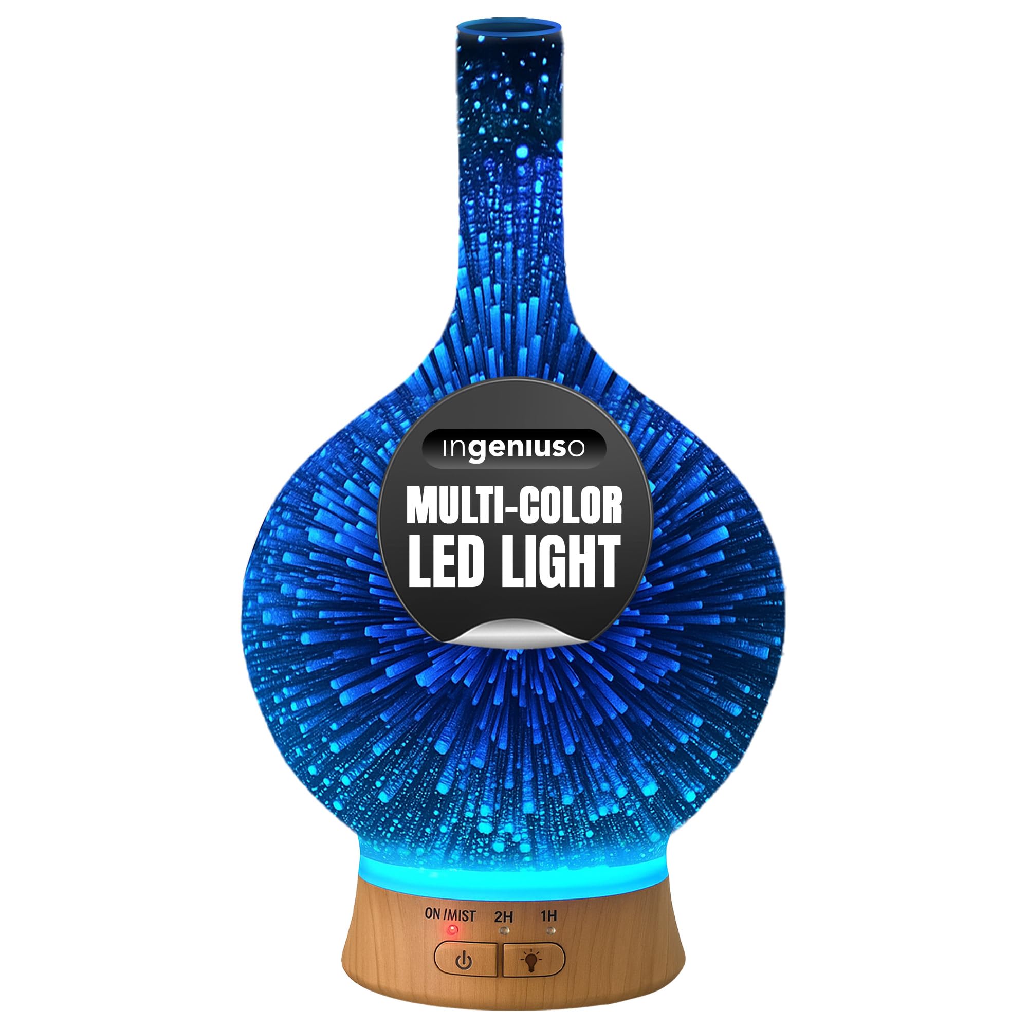 Aromatherapy Essential Oil Diffuser for Therapeutic Oils | 3D Glass Vase Cover with Colorful LED Light Display | Cool Mist Aroma Therapy Diffusers | Versatile Nightlight, Humidifier with Auto Shut-off