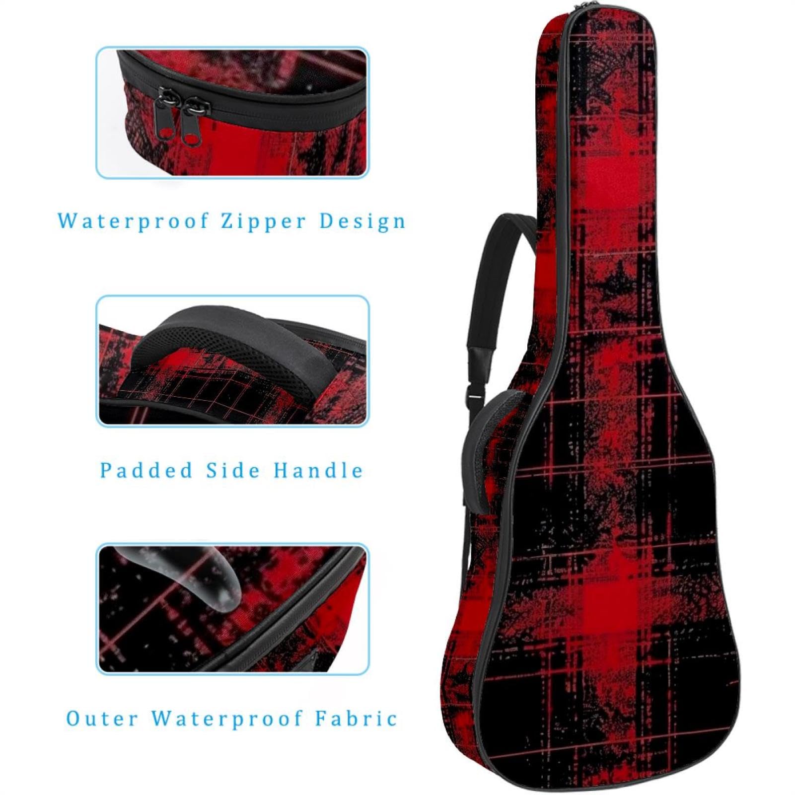 Tasche für Akustikgitarre, Retro-Stil, mit 2 Taschen, verstellbarem Schultergurt und Rückenaufhänger, geeignet für E-Gitarren, Bassgitarren und klassische Gitarren, Schwarz / Rot, Retro Schwarz Rot