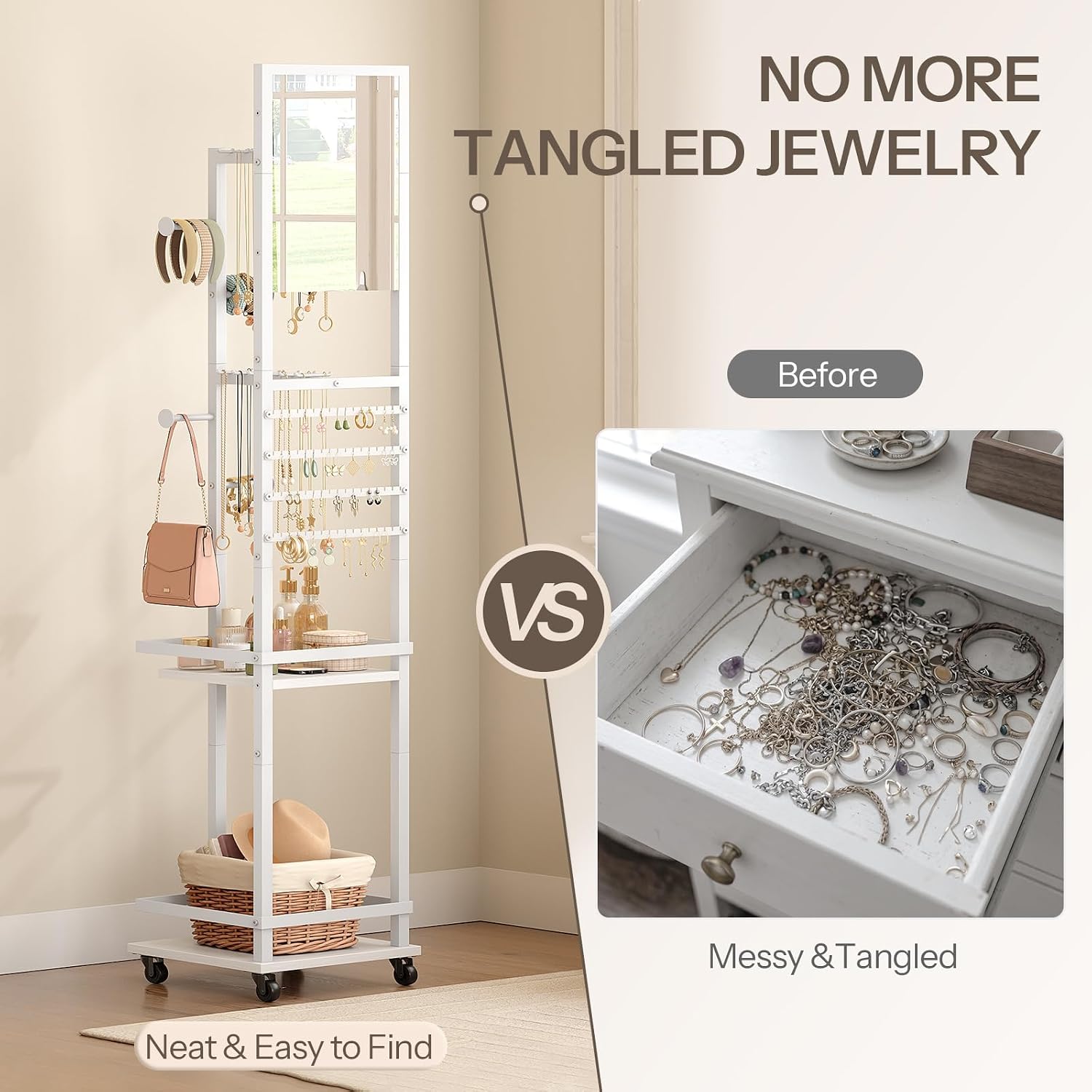 HOOBRO Mirror Jewelry Cabinet, 360° Swivel Jewelry Storage Organizer