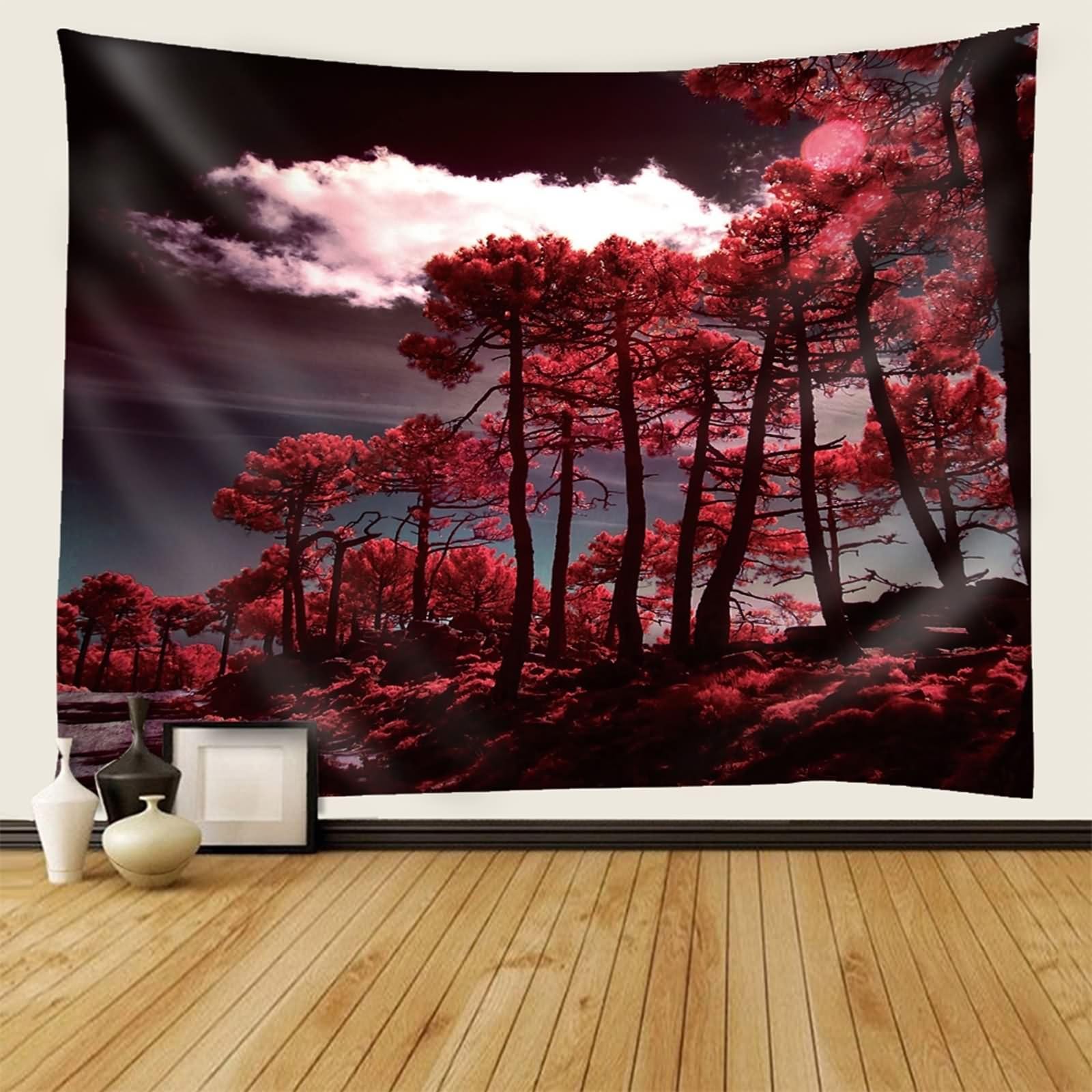 Aotiwe Zasłona ścienna w stylu boho, dywan ścienny do zawieszenia, drzewo z czerwonymi liśćmi, czarno-czerwona, 350 x 256 cm