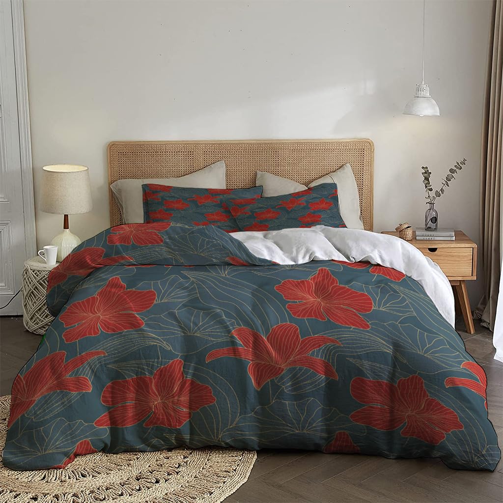 NIBAINLO 布団カバー抽象的な赤い花と紺色の葉 肌に優しい ピーチスキン加工 掛け布団カバー 和式 洋式 あったか 布団カバーセット リバーシブル ホームステイ ホテル 家庭兼用