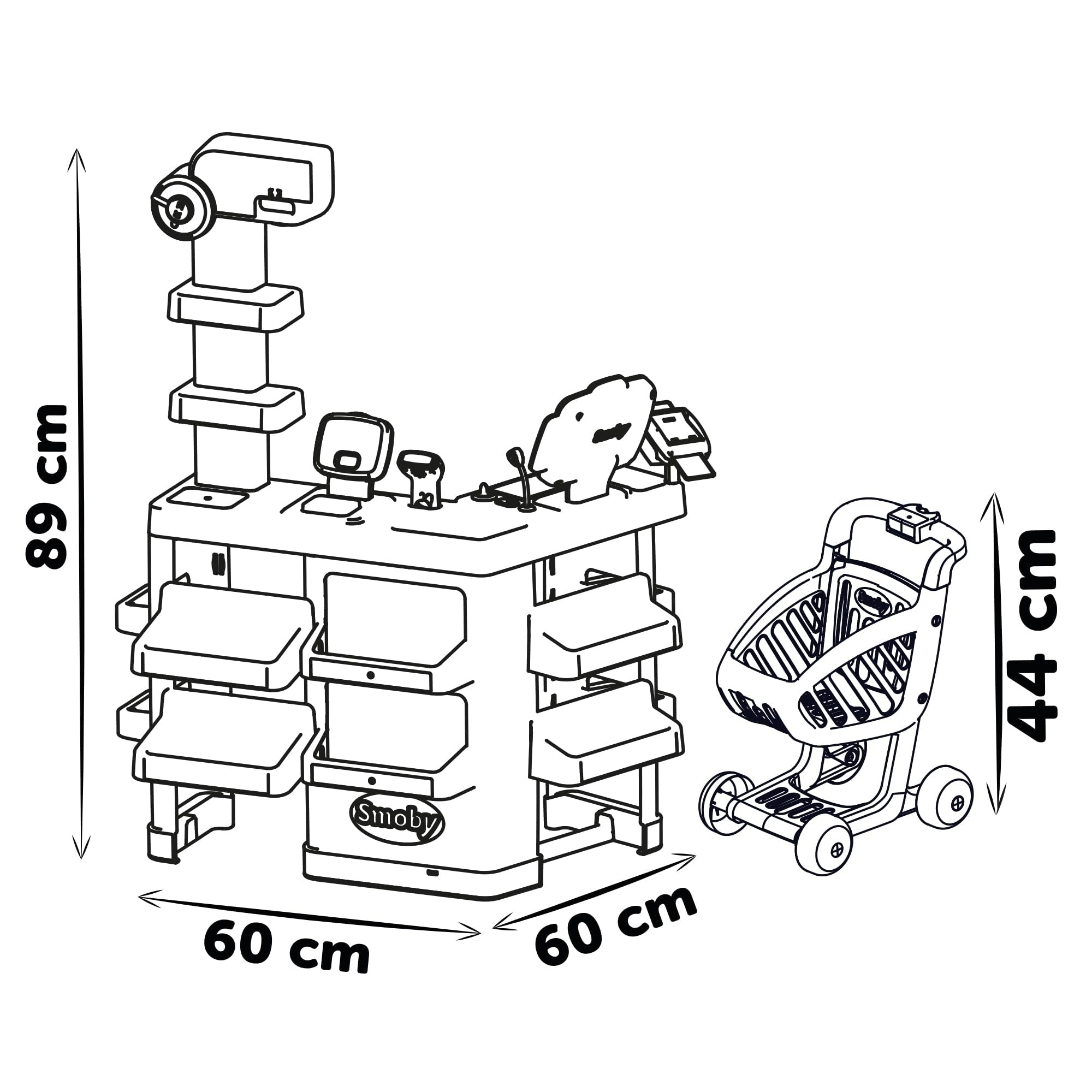 Smoby - Supermercato - Carrello della spesa per bambini - Carrello della spesa incluso - Bilancia meccanica - Funzioni elettroniche - 42 accessori - Dai 3 anni - Prodotto in Francia