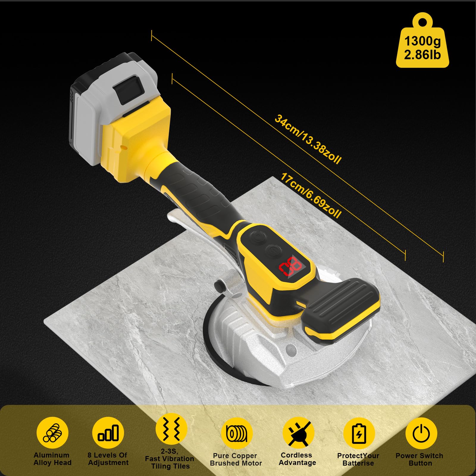 Dewalt Akku Fliesenrüttler 20V, Fliesenvibrator 8 Stufen Geschwindigkeit, 13cm Saugnapf, 50kg Adsorption