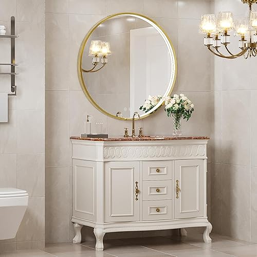 Miniatura 2 de Espejo LED redondo de baño de 32", espejo de tocador antiempañamiento regulable con control táctil, luz natural de 6000K, marco de metal dorado,