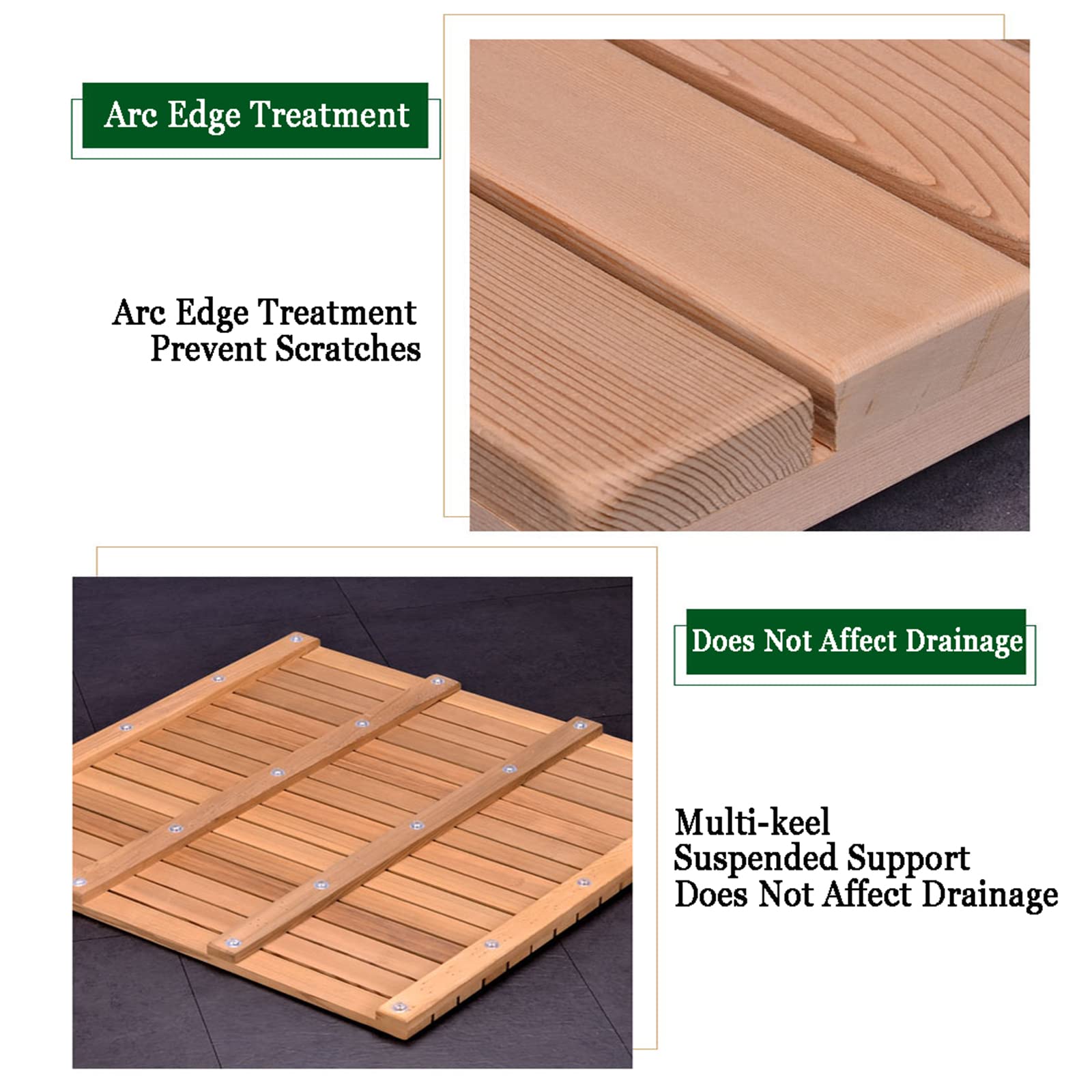 Pedana Doccia in Legno, Tappetini da Bagno in Legno Antiscivolo con Design A Doghe per Vasca da Bagno Interna/Esterna, Doccia, Sauna, Piscina O Vasca Idromassaggio,75x90cm/30x36in