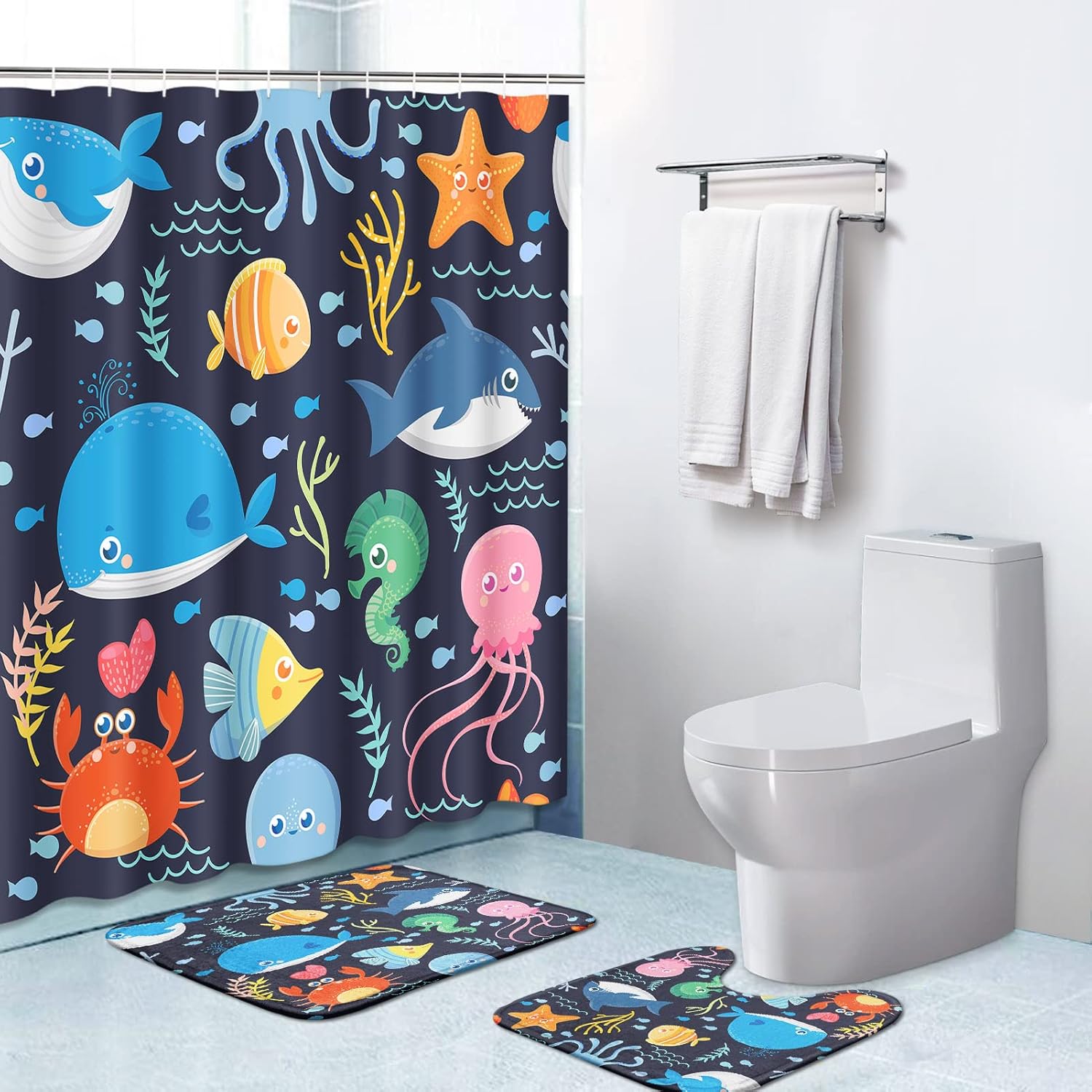 Britimes 3Pcs Bathroom Set, 72" x 72" Sea Life Funny Animals Kid Waterproof Polyester Shower Curtain with Non-Slip Rugs and Bath Mat for Bathroom Decor Set