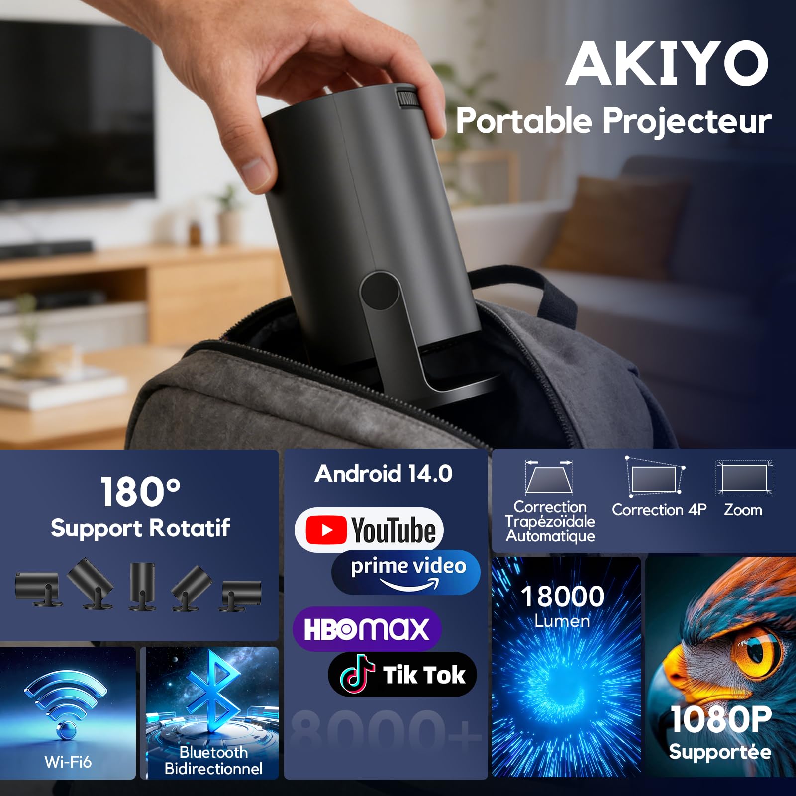 [Apps intégrées & 2026 Upgrad] AKIYO O2 Videoprojecteur avec WiFi 6 et Bluetooth 5.4, Mini Projecteur Video Supporte 1080P, Rétroprojecteur Auto Keystone Rotation 180° Compatibile avec HDMI/Laptop