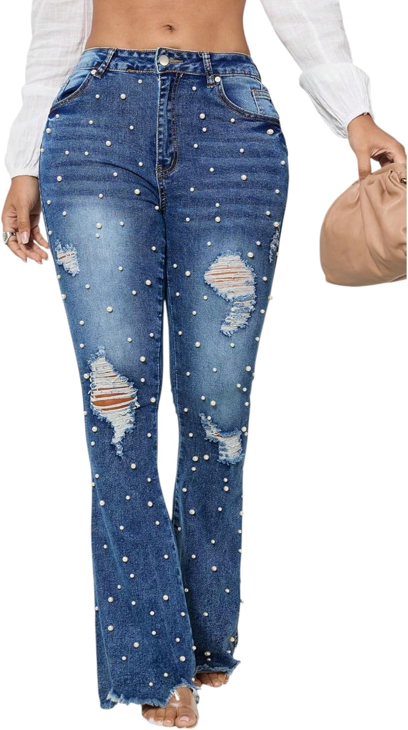 Women Pearl Jeans Pearl Mid Waist Ripped Distressed Denim Pants Casual Bell Bottoms Flare Frayed Hem Urban Fashion