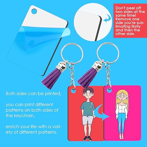 Miniatura 3 de HTVRONT Llavero de sublimación en blanco a granel 120 llaveros de sublimación en blanco con película protectora azul Llavero rectangular de MDF