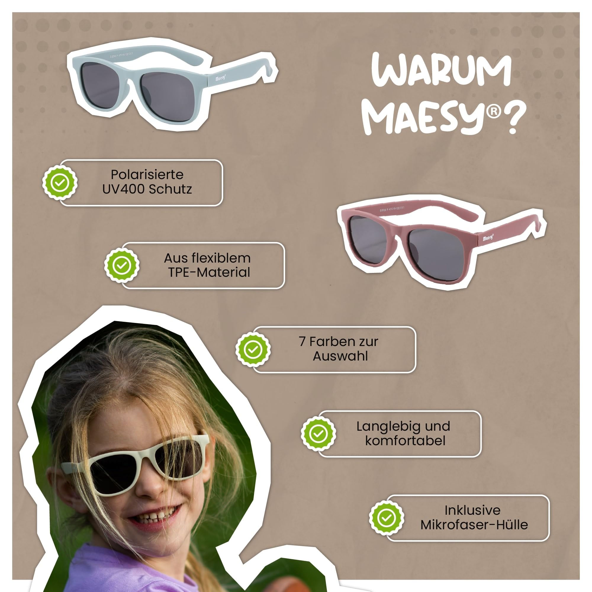 Occhiali da Sole per Bambina, 3-6 Anni, Protezione Polarizzata UV400, Montatura Flessibile e Pieghevole, Occhiali da Sole Sicuri e Comodi per Bambino, Lino