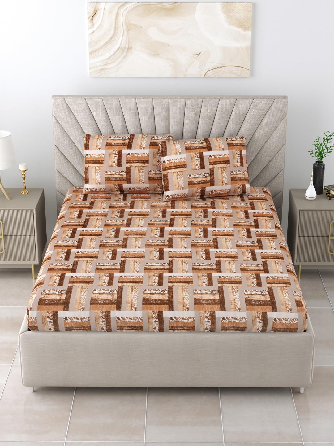 Salona Bichona Brown & White 180 TC Cotton Geometric Printed bedsheet with 2 Pillow Covers