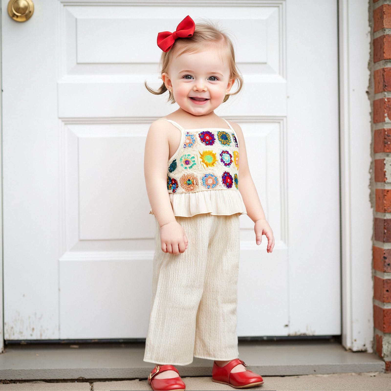 VISGOGO Baby Girl Outfits Toddler Girls Summer Clothes Crochet Flowers Camisole and Pants Set (Beige-Flower, 2-3T)