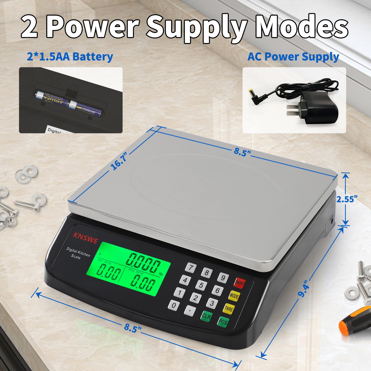 KNSWE Large Digital Kitchen Scale Black 40KG/88LB Commercial Food Weight Scale Cooking Meat Baking Bread Price Computing Scale Stainless Steel Counting Scale for Deli Stores Tare Function