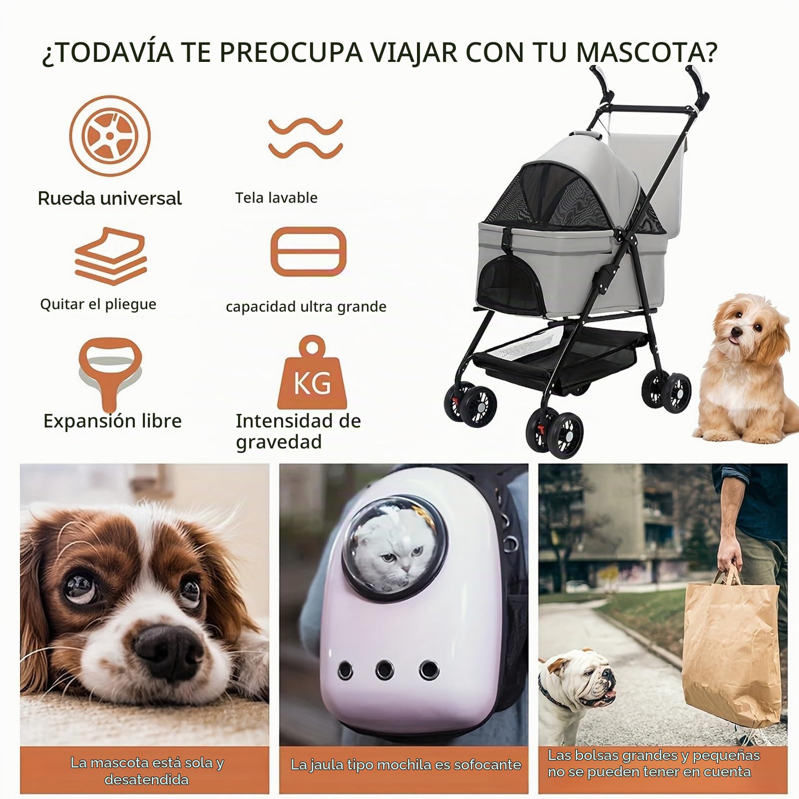 Cochecito para perros 2 en 1 plegable hasta 20 kg, carrito para gatos, carrito plegable con caja de transporte extraíble, carrito para gatos pequeños y gatos, ventana de red, cesta de almacenamiento