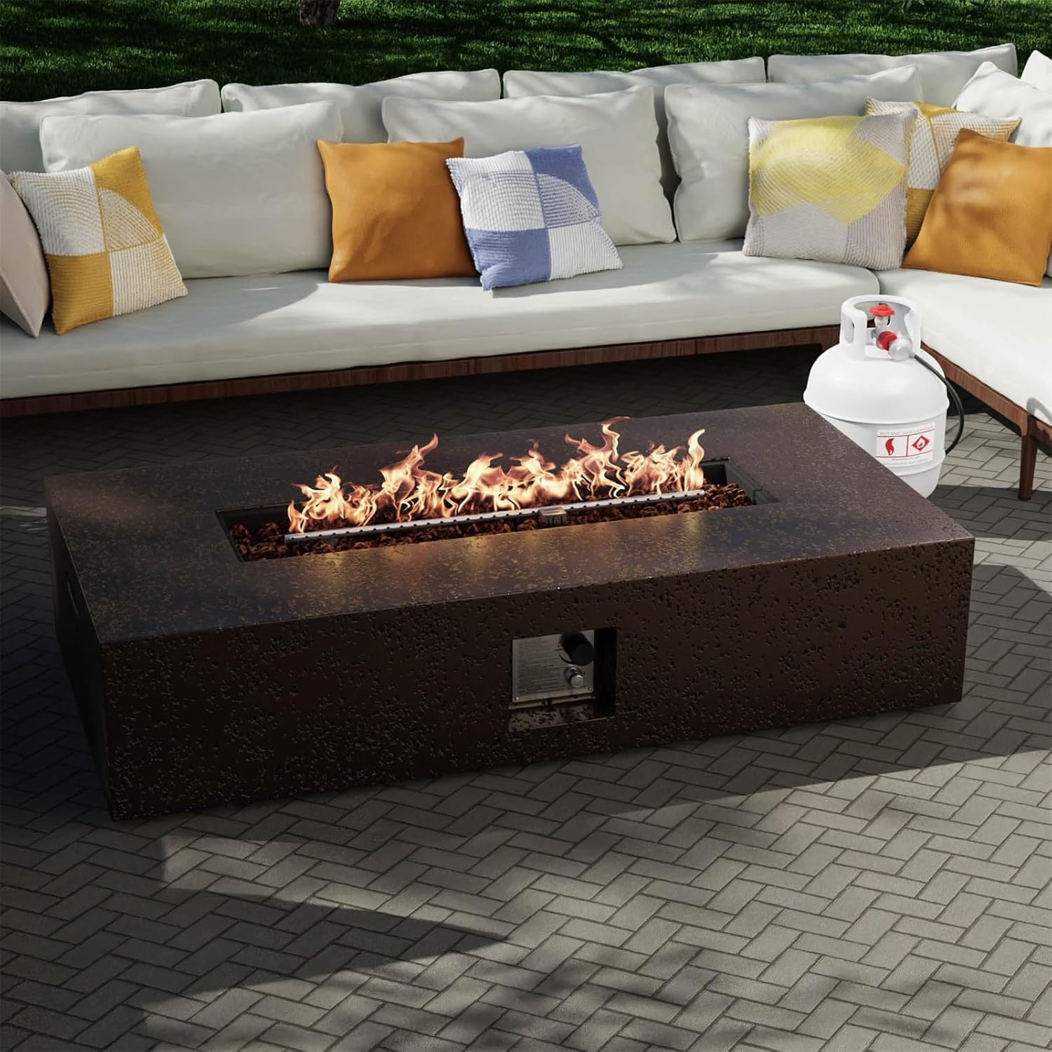 Fire Pit Table SUNBURY 50K BTU Travertine Gas Firepit With Lava