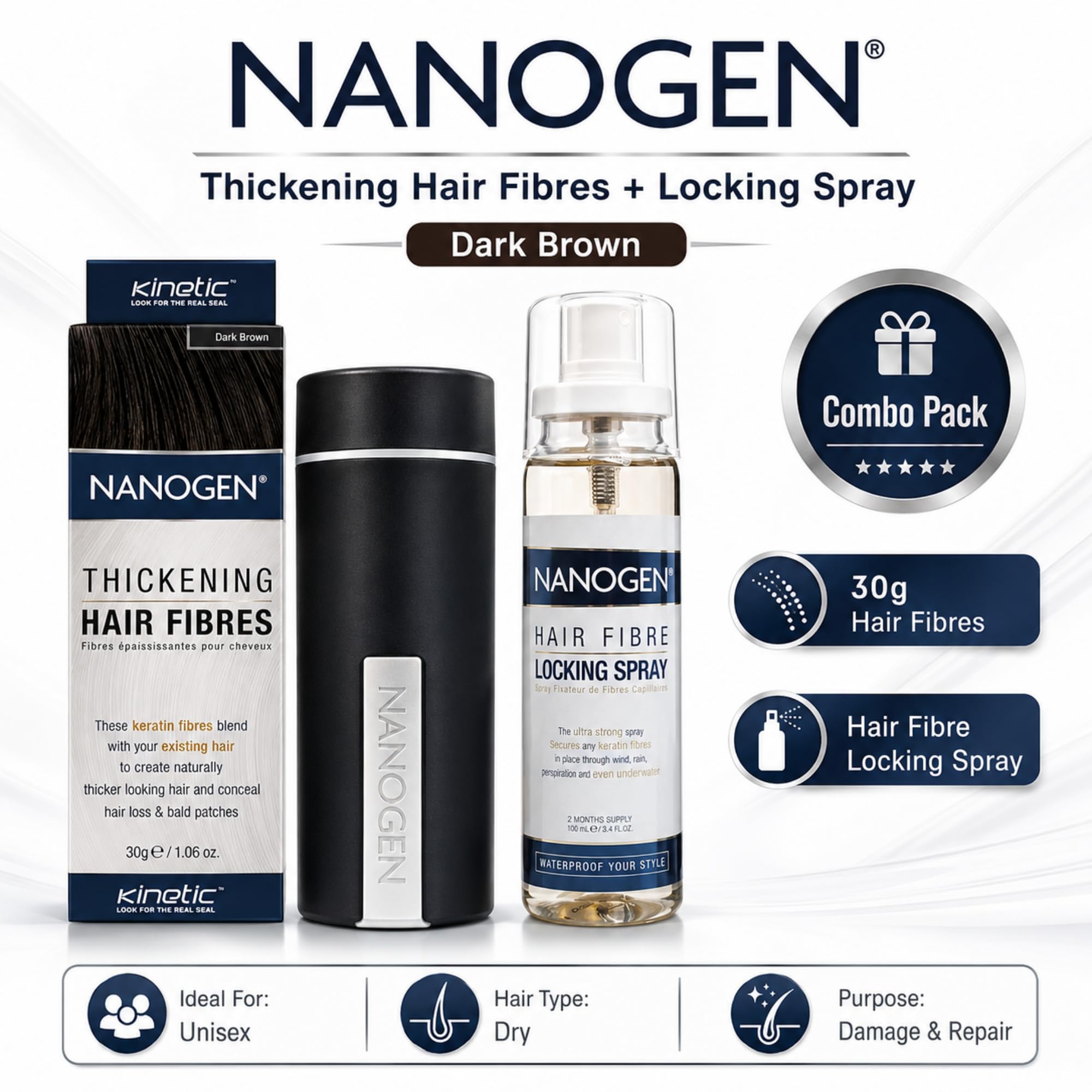 Nanogen - Combo of Nanogen Thickening Hair Fibres Dark Brown 30gms with Locking Spray 2