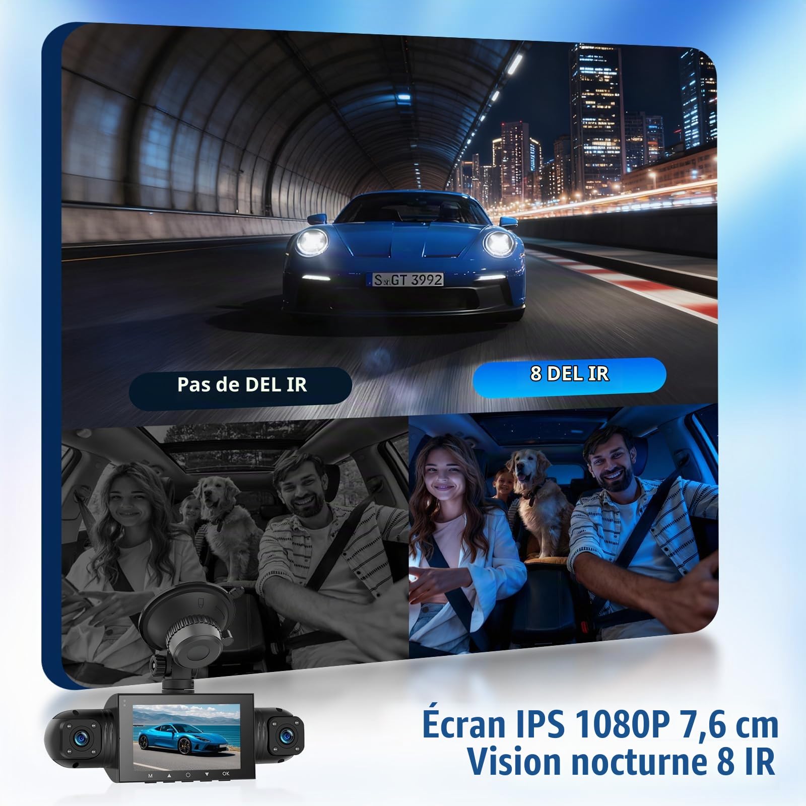 SIXTOP Dashcam Voiture 360 Degrés 4 Canaux, 1080P Caméra Embarquée Avant Intérieure Arrière avec Écran IPS 3 Pouces, Support Vision Nocturne/Surveillance 24H/Capteur G/Enregistrement Boucle