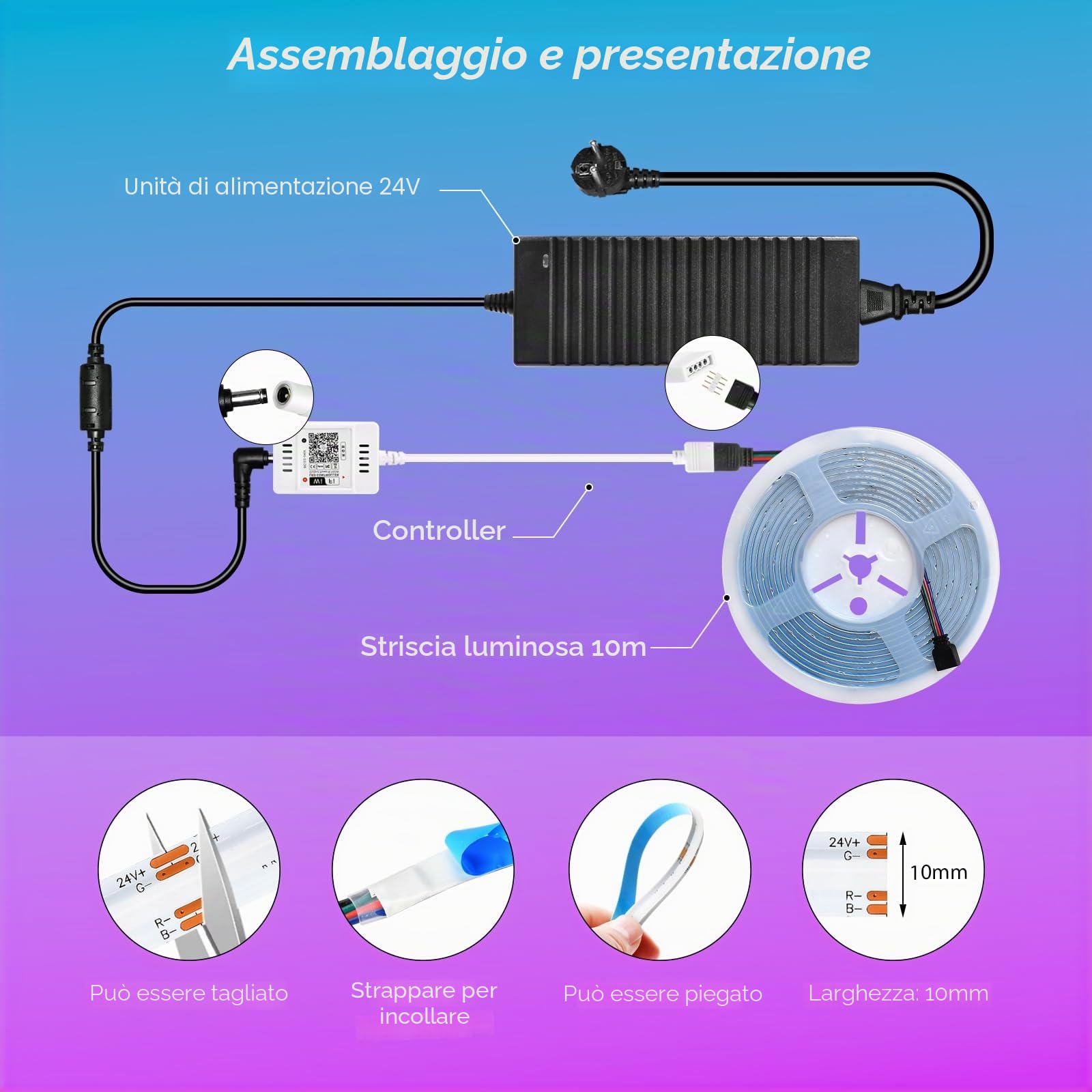 Striscia LED COB 10 m 576 led RGB, WiFi Striscia LED 24 V 5 A App & Telecomando Controllo, Striscia luminosa Compatibile con Alexa e Google Home, Decorazione per la casa cucina Television