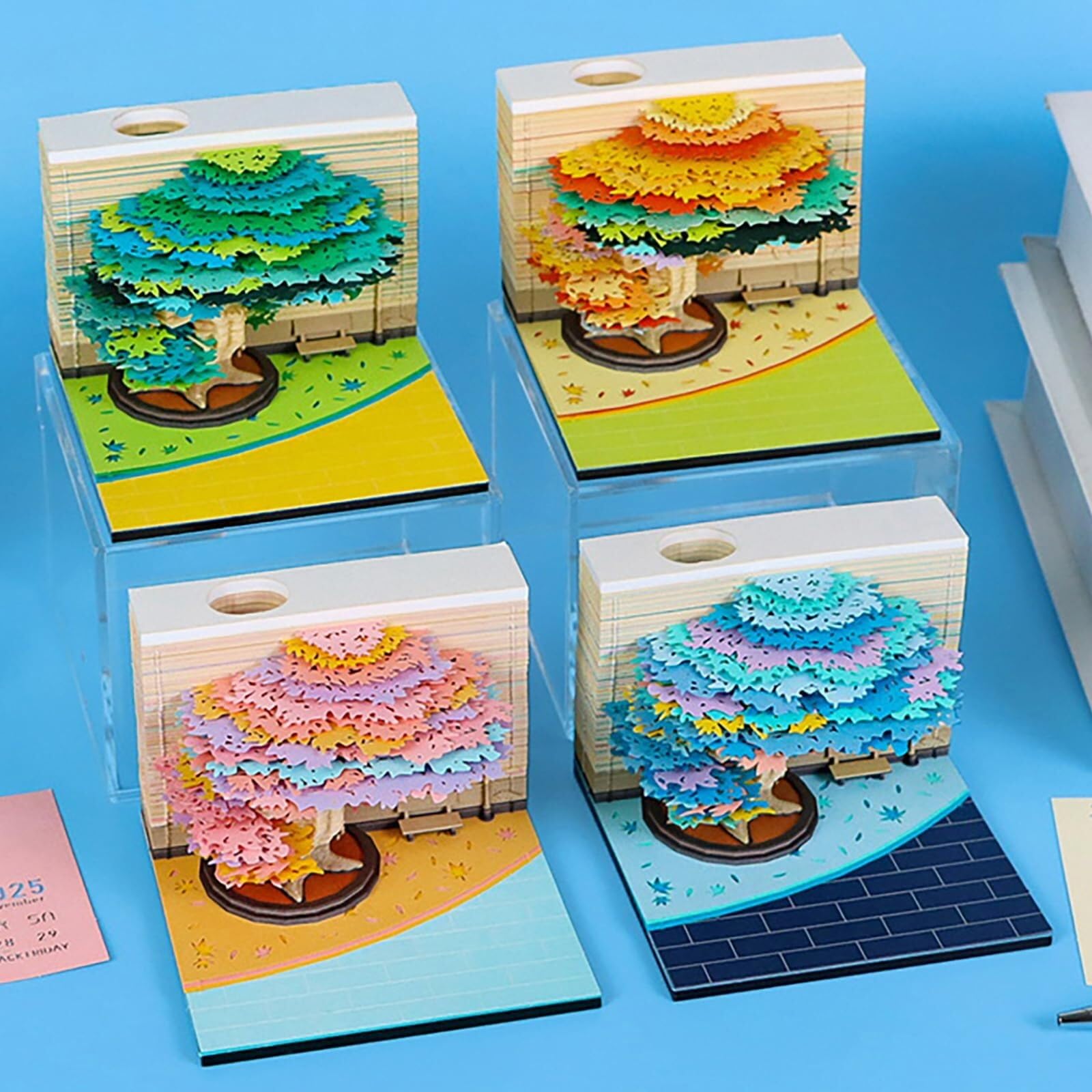 Motivationskalender Kalender 2026, Schreibtisch-Notizblock mit 3D-Katzenmotiv aus Papier, Geschenkidee Coole Geschenke für Kollegen(Four Seasons Tree-C,Without Light)
