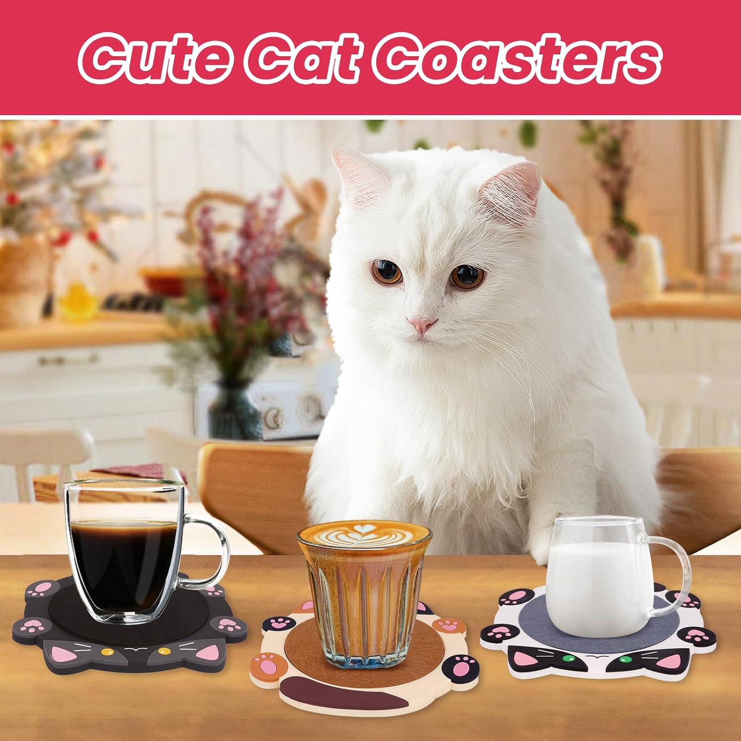 Cat Coasters,4pcs Coasters for Drinks,Cat Gifts for Cats Lovers,Funny Animal Themed Absorbent Coaster for Coffee Tea Table Decor,Gifts for Women Men